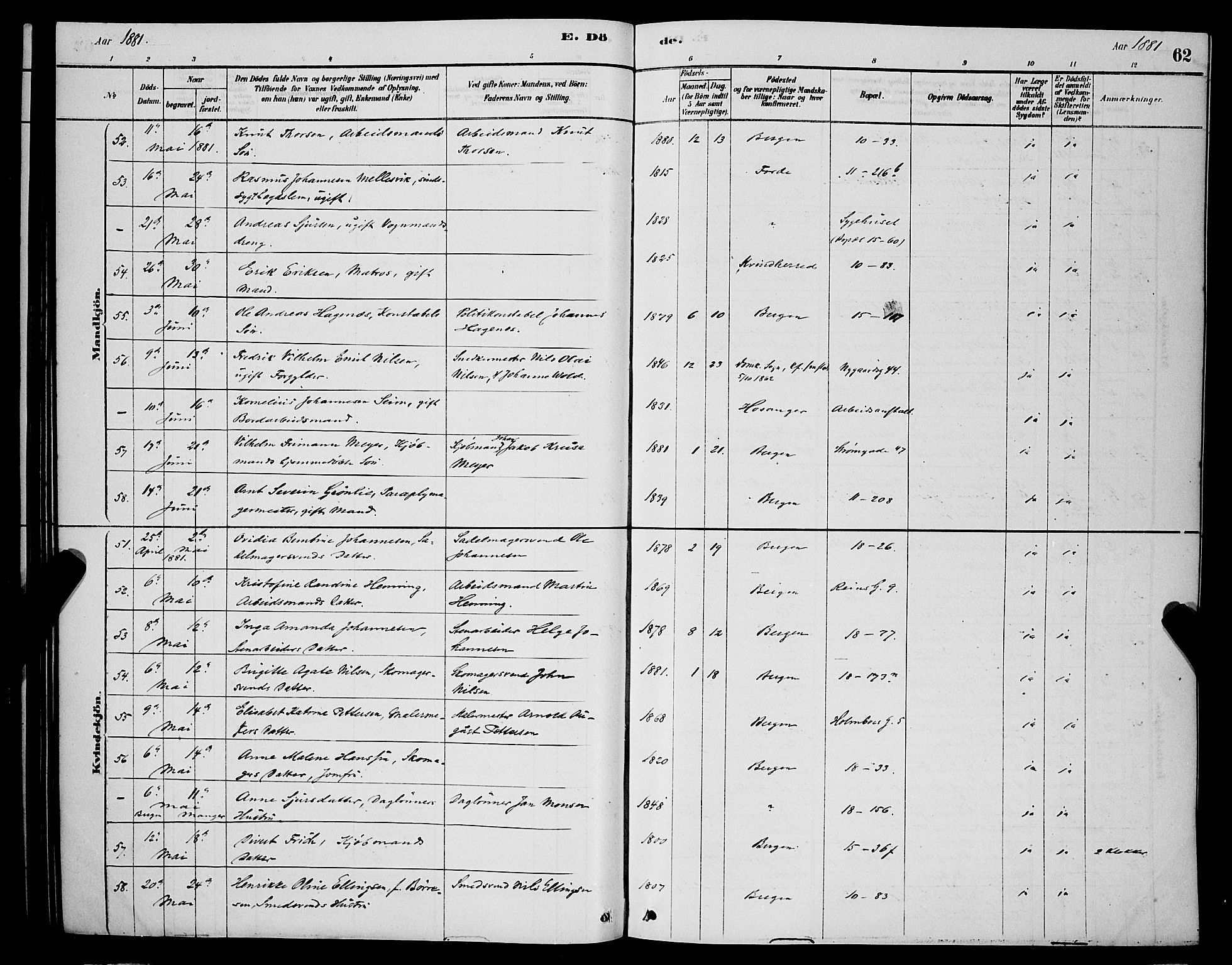 Domkirken sokneprestembete, AV/SAB-A-74801/H/Hab/L0041: Klokkerbok nr. E 5, 1878-1900, s. 62