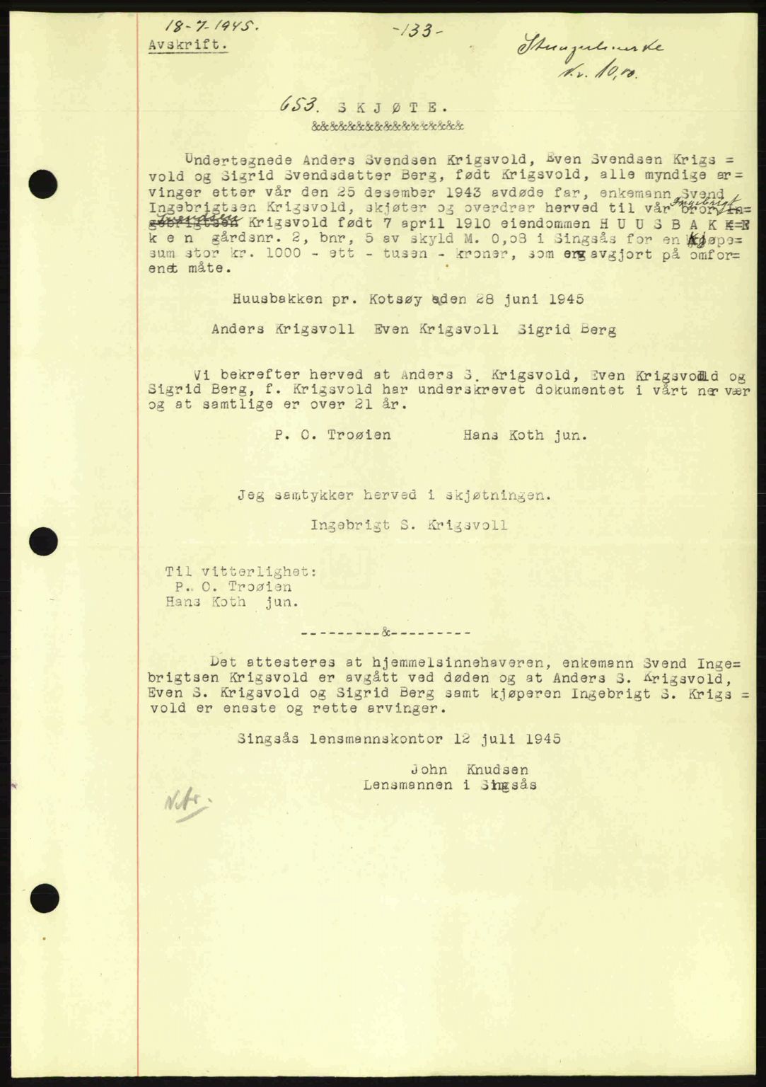 Gauldal sorenskriveri, SAT/A-0014/1/2/2C: Pantebok nr. A1a, 1945-1945, Dagboknr: 653/1945