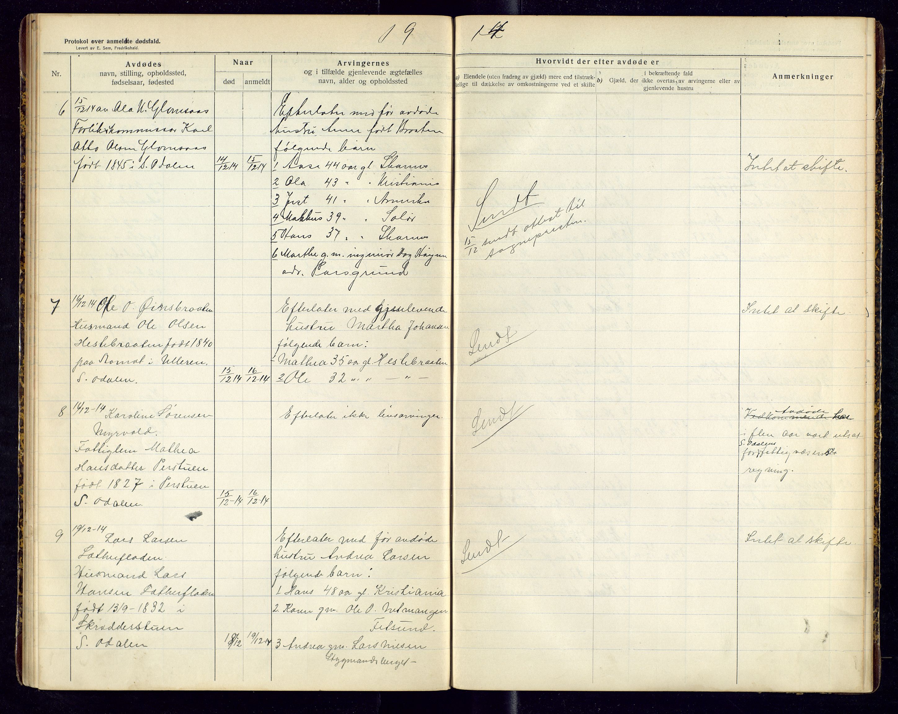 Sør-Odal lensmannskontor, AV/SAH-LHS-022/H/Hb/L0002/0001: Protokoller over anmeldte dødsfall / Protokoll over anmeldte dødsfall, 1913-1915