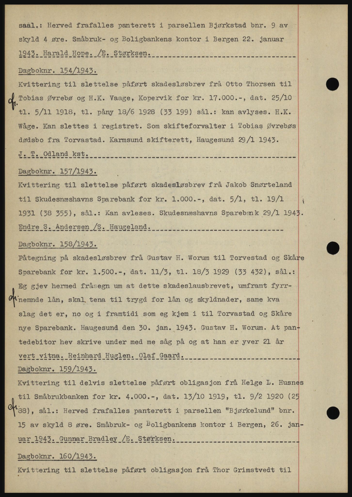 Karmsund sorenskriveri, SAST/A-100311/01/II/IIBBE/L0008: Pantebok nr. B 54, 1942-1943, Dagboknr: 154/1943