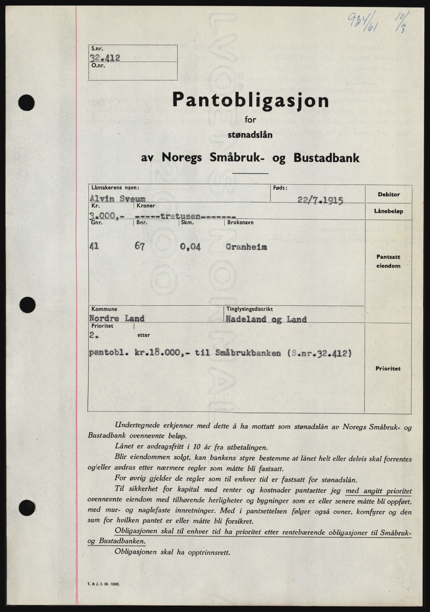 Hadeland og Land tingrett, SAH/TING-010/H/Hb/Hbc/L0045: Pantebok nr. B45, 1961-1961, Dagboknr: 934/1961