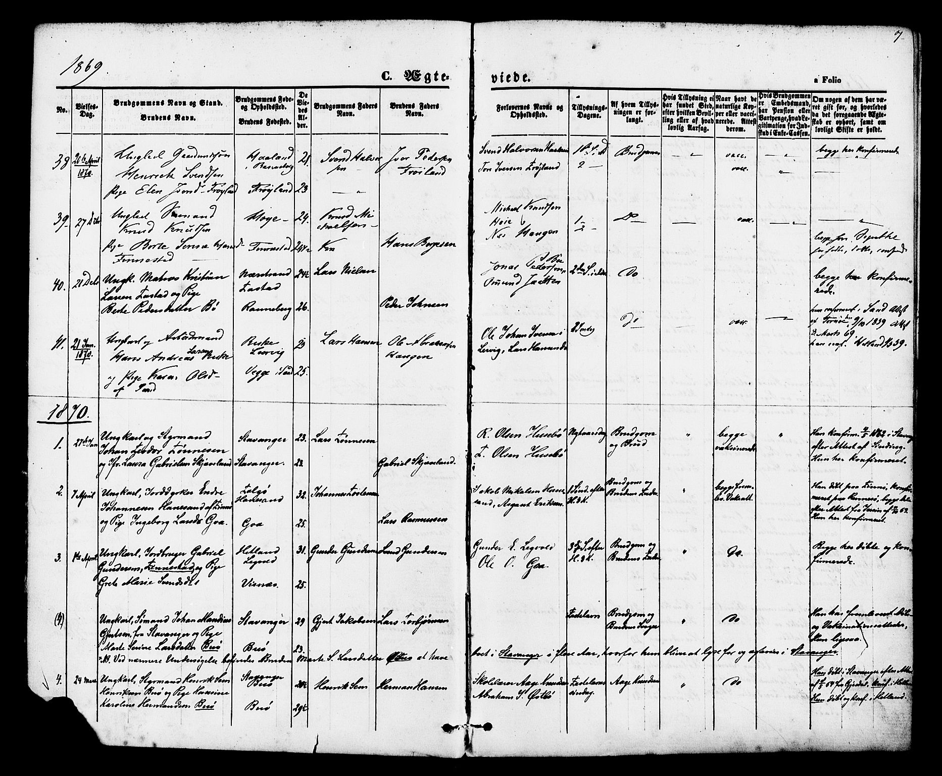 Hetland sokneprestkontor, AV/SAST-A-101826/30/30BA/L0005: Ministerialbok nr. A 5, 1869-1884, s. 7