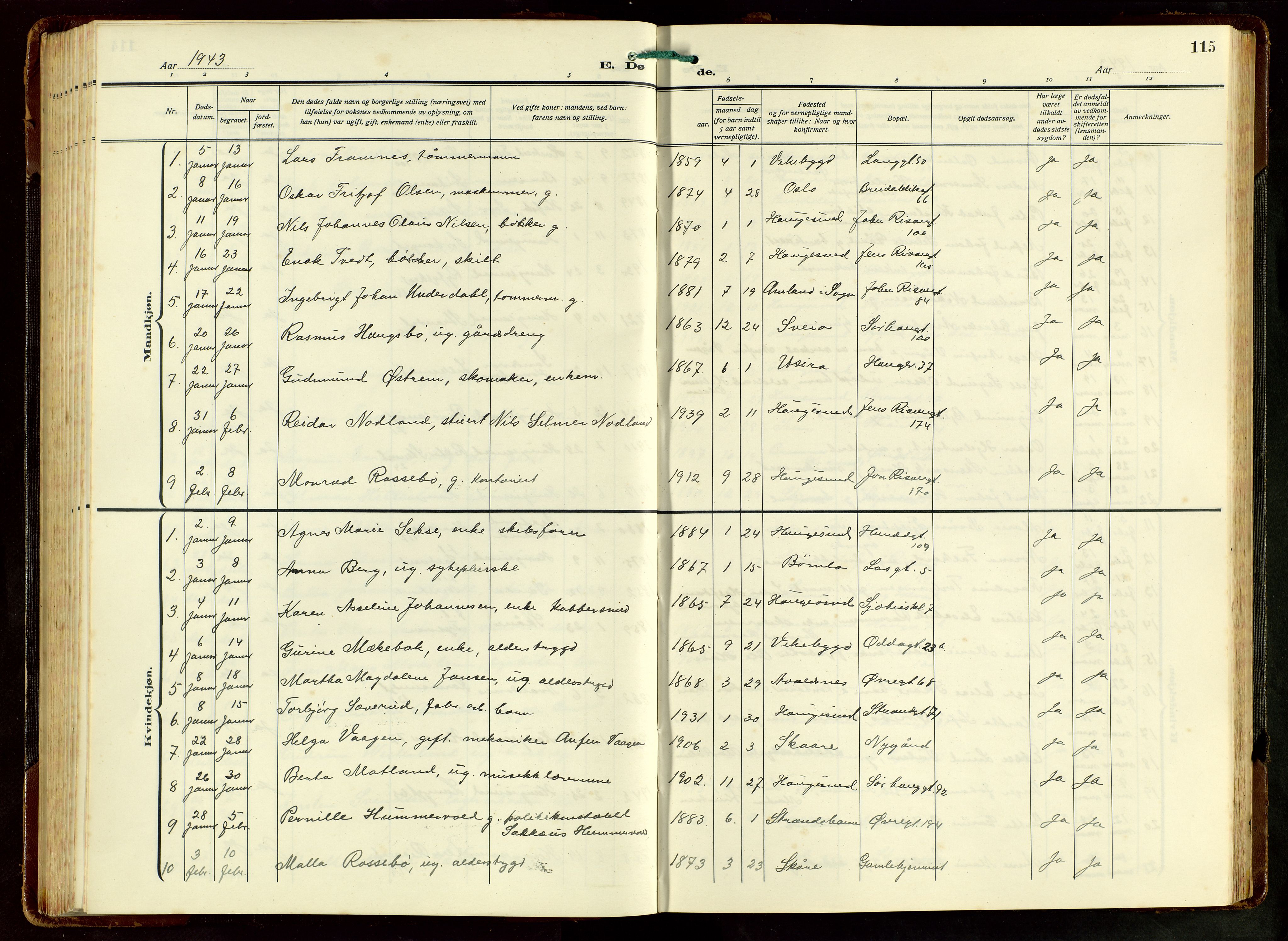 Haugesund sokneprestkontor, AV/SAST-A -101863/H/Ha/Hab/L0012: Klokkerbok nr. B 12, 1930-1958, s. 115