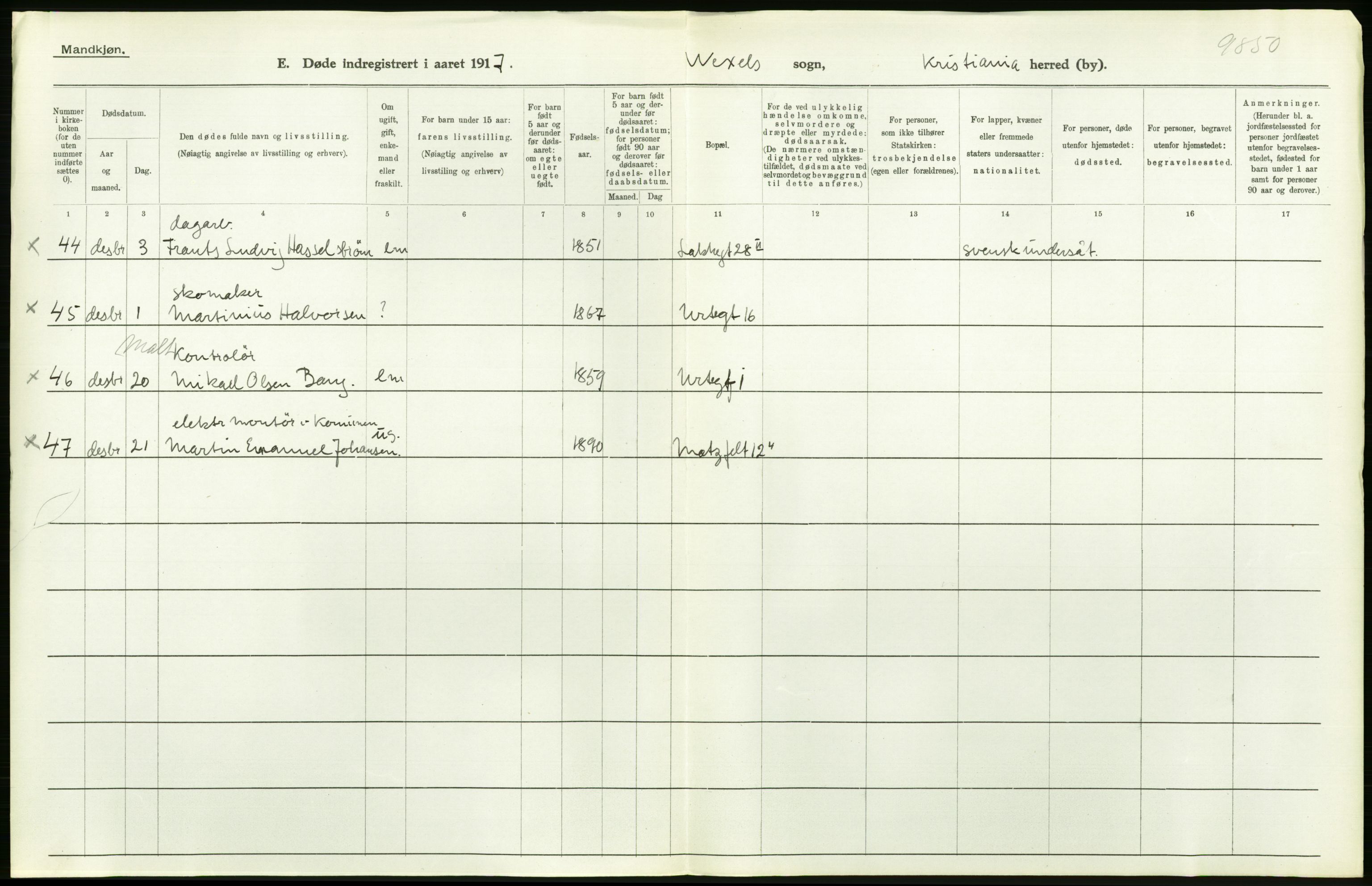 Statistisk sentralbyrå, Sosiodemografiske emner, Befolkning, AV/RA-S-2228/D/Df/Dfb/Dfbg/L0011: Kristiania: Døde, dødfødte., 1917, s. 358