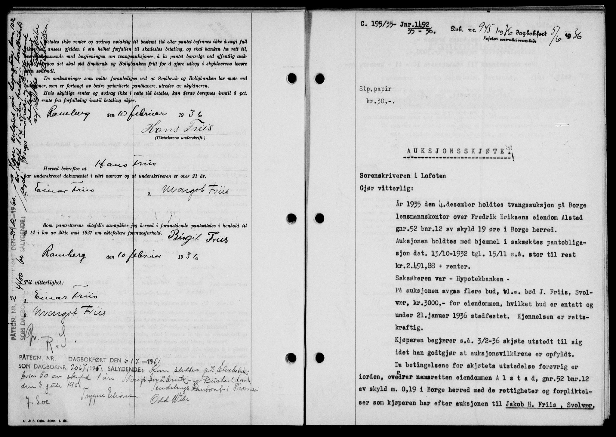 Lofoten sorenskriveri, SAT/A-0017/1/2/2C/L0033b: Pantebok nr. 33b, 1936-1936, Dagboknr: 945/1936