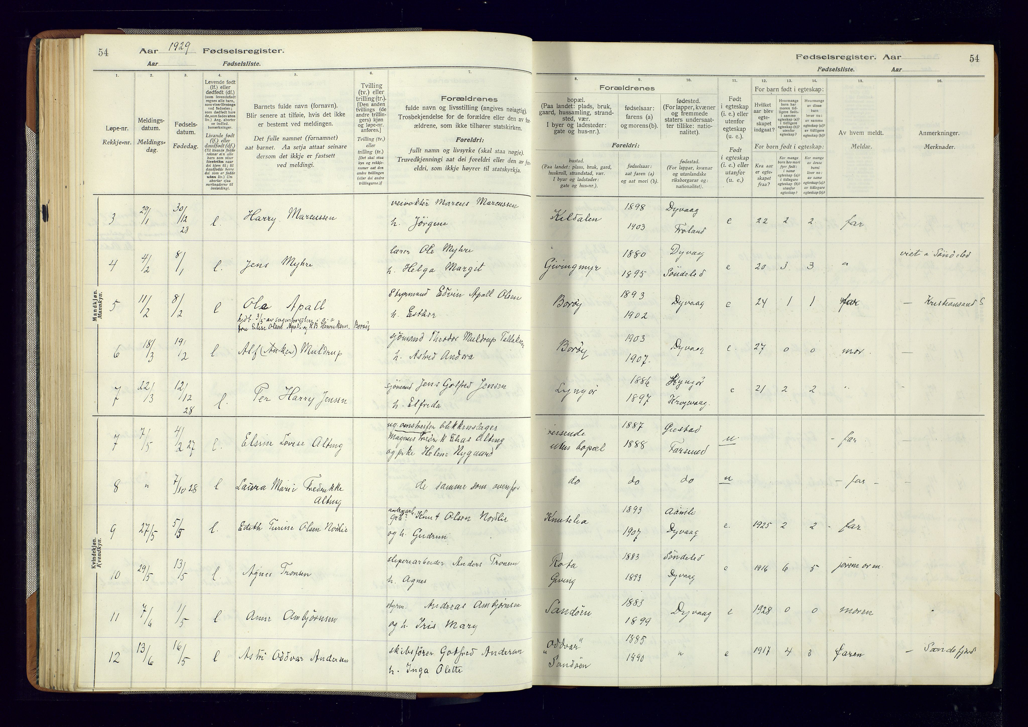 Dypvåg sokneprestkontor, AV/SAK-1111-0007/J/Ja/L0001: Fødselsregister nr. II.4.3, 1916-1975, s. 54