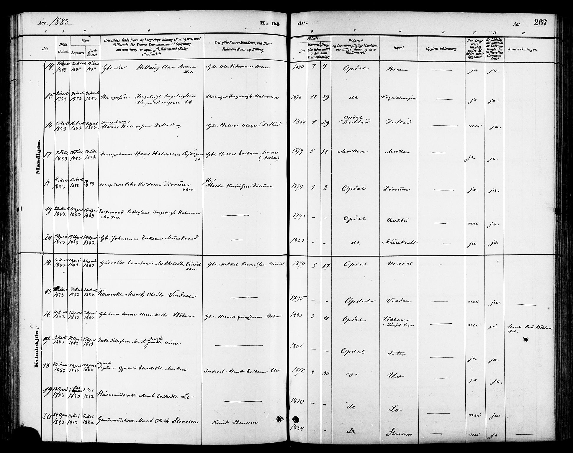 Ministerialprotokoller, klokkerbøker og fødselsregistre - Sør-Trøndelag, SAT/A-1456/678/L0901: Ministerialbok nr. 678A10, 1881-1894, s. 267