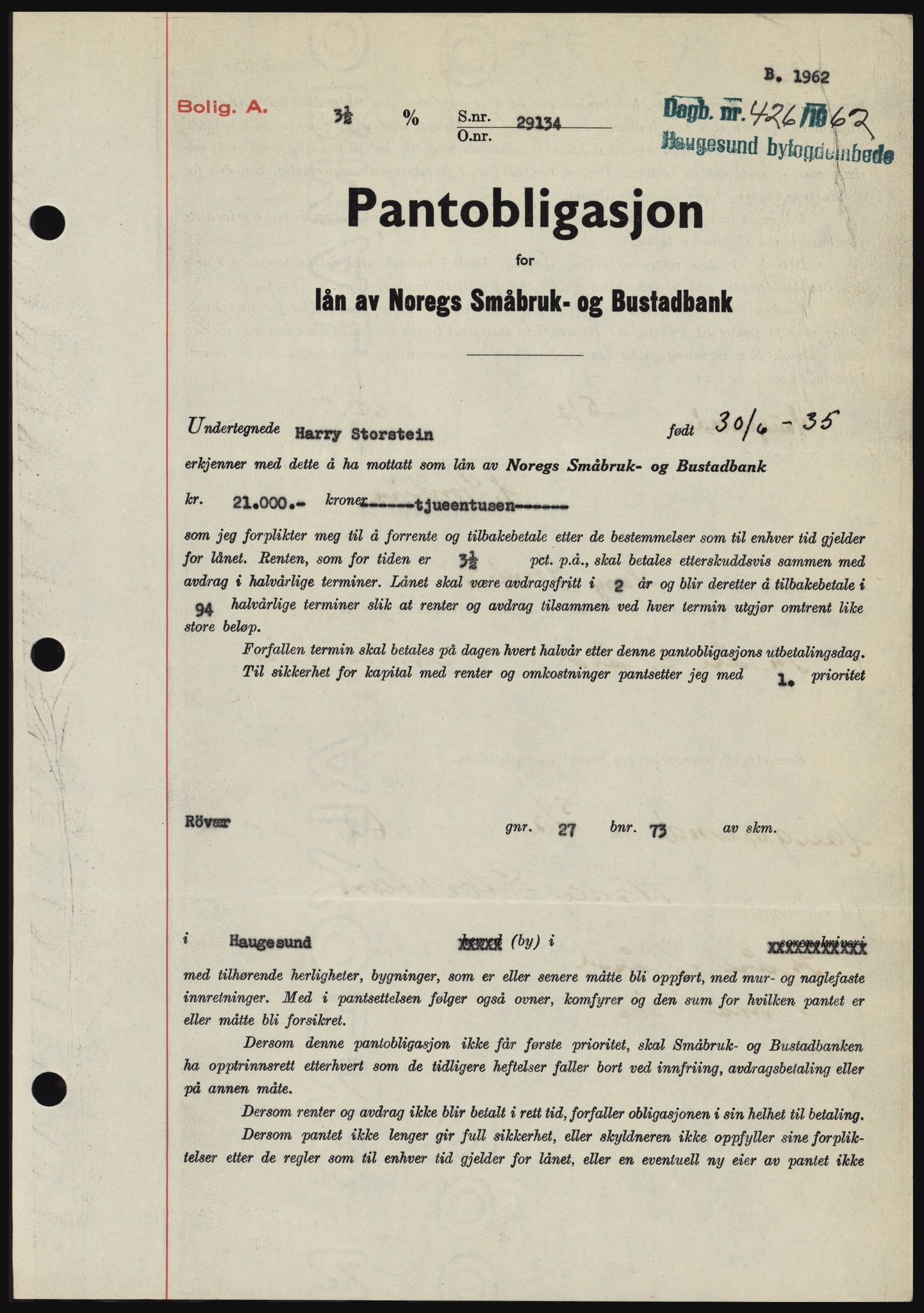 Haugesund tingrett, SAST/A-101415/01/II/IIC/L0049: Pantebok nr. B 49, 1962-1962, Dagboknr: 426/1962