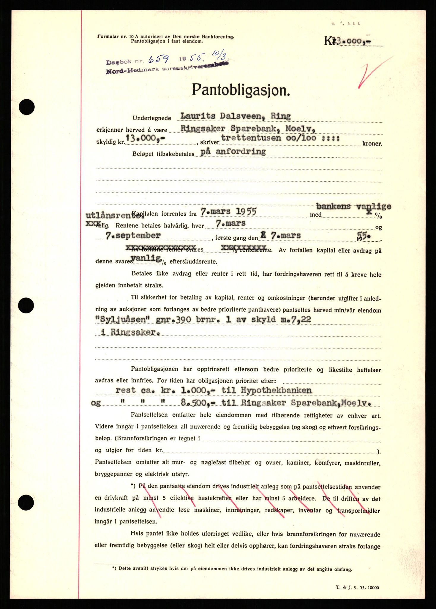 Nord-Hedmark sorenskriveri, SAH/TING-012/H/Hb/Hbf/L0032: Pantebok nr. B32, 1955-1955, Dagboknr: 659/1952