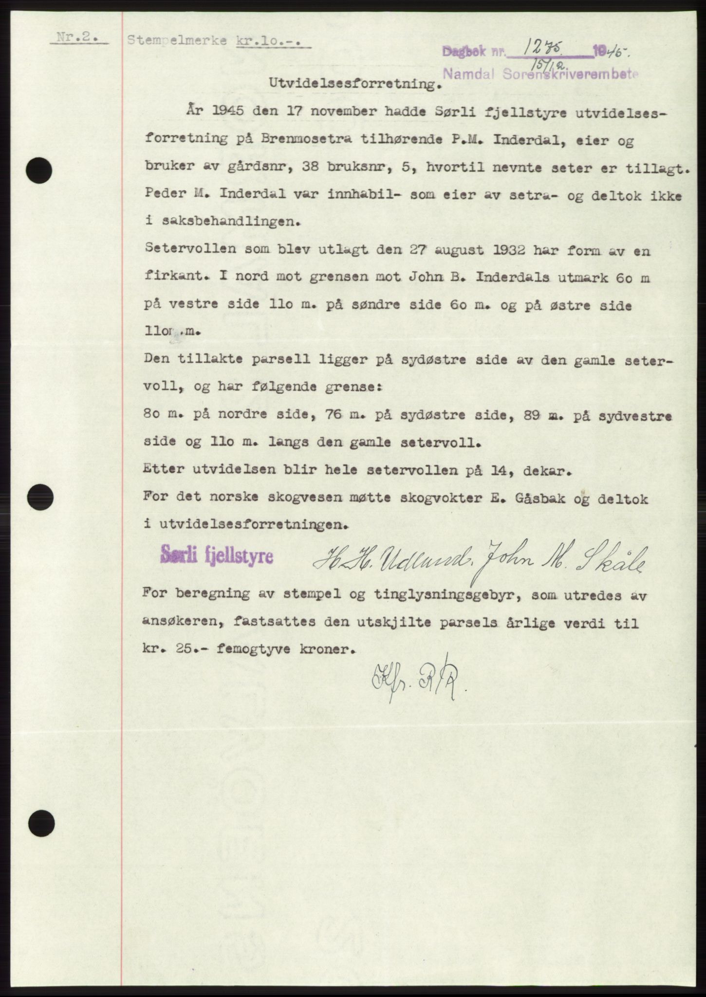 Namdal sorenskriveri, SAT/A-4133/1/2/2C: Pantebok nr. -, 1944-1945, Dagboknr: 1275/1945