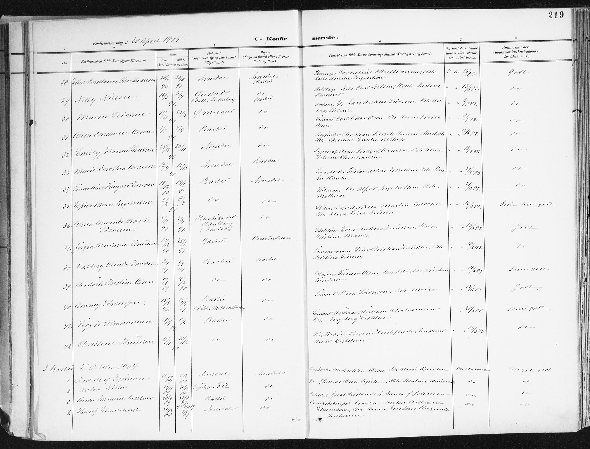 Arendal sokneprestkontor, Trefoldighet, SAK/1111-0040/F/Fa/L0010: Ministerialbok nr. A 10, 1900-1919, s. 219