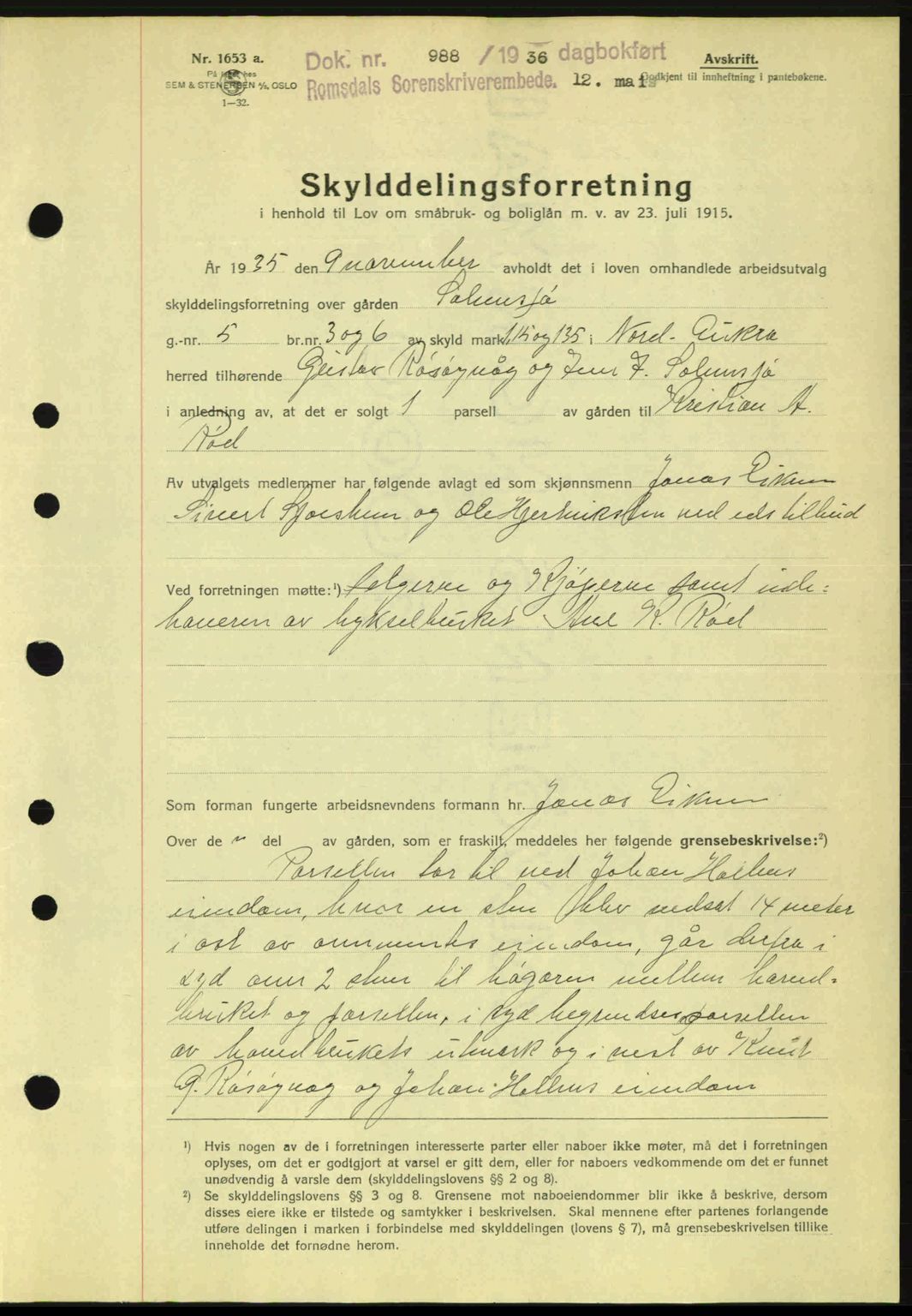 Romsdal sorenskriveri, SAT/A-4149/1/2/2C: Pantebok nr. A1, 1936-1936, Dagboknr: 988/1936