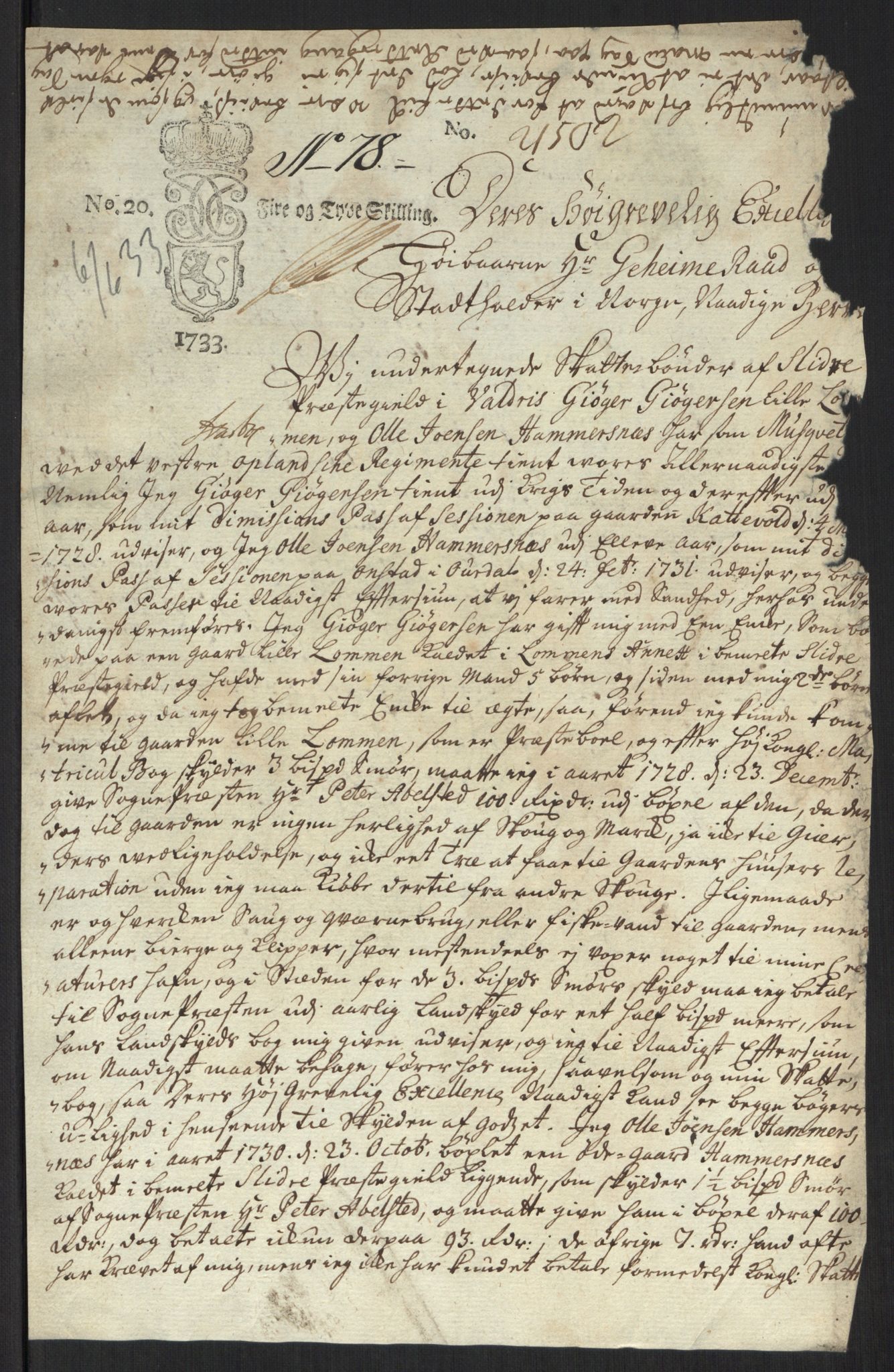 Stattholderembetet 1572-1771, AV/RA-EA-2870/Ef/L0107: Brev fra embetsmenn og andre, 1733-1734, s. 97