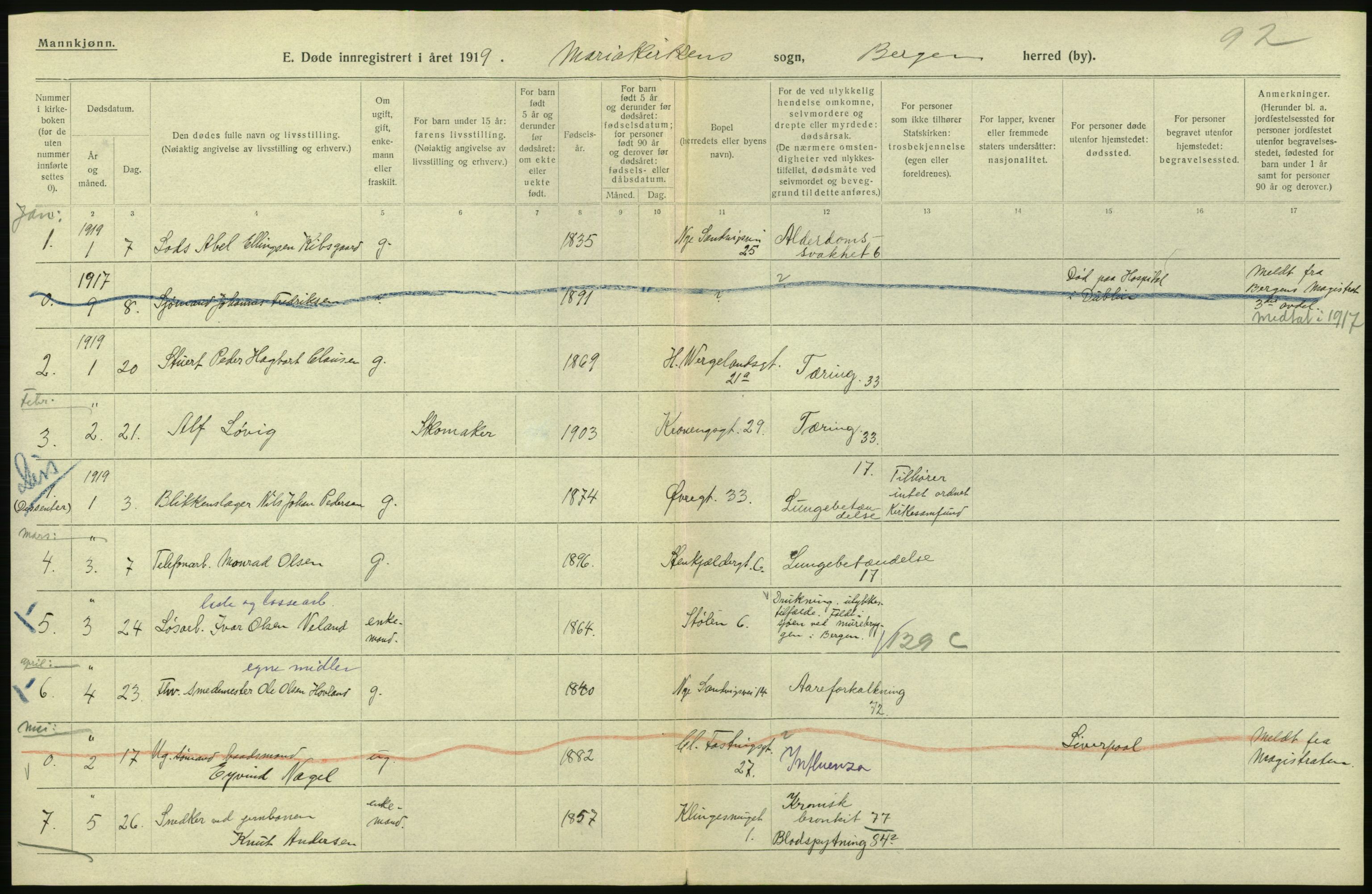 Statistisk sentralbyrå, Sosiodemografiske emner, Befolkning, RA/S-2228/D/Df/Dfb/Dfbi/L0035: Bergen: Gifte, døde, dødfødte., 1919, s. 532