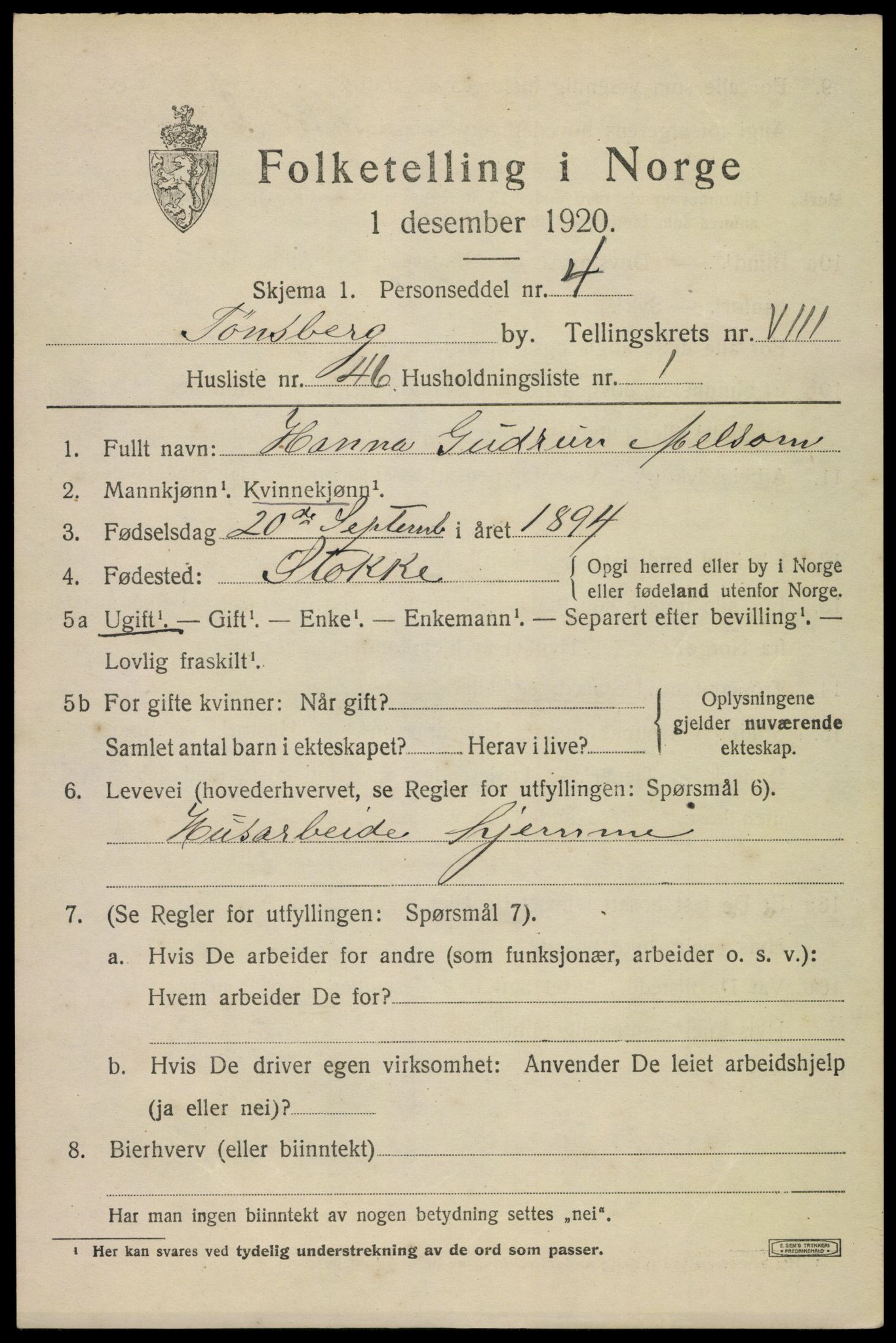 SAKO, Folketelling 1920 for 0705 Tønsberg kjøpstad, 1920, s. 17301