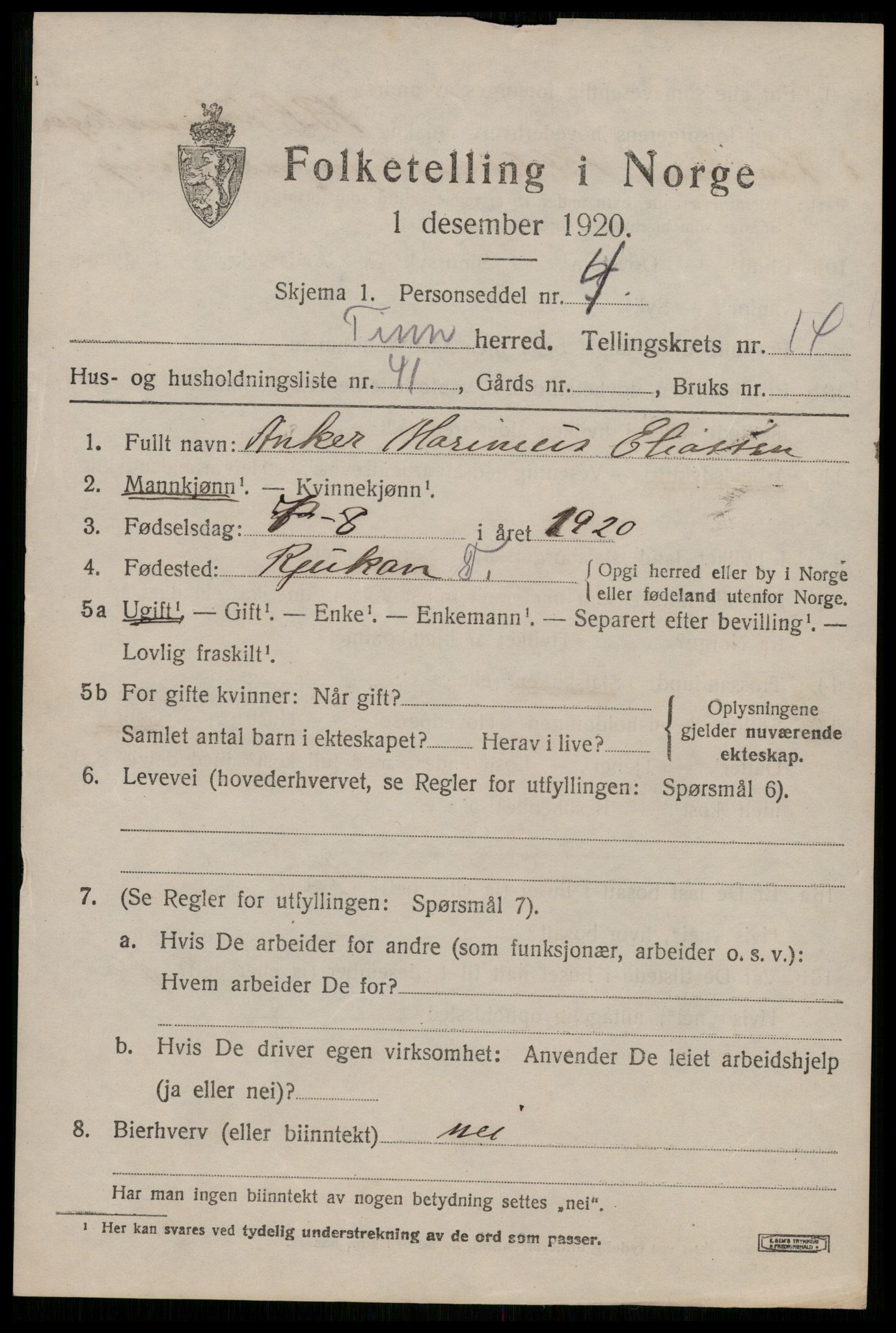 SAKO, Folketelling 1920 for 0826 Tinn herred, 1920, s. 9810