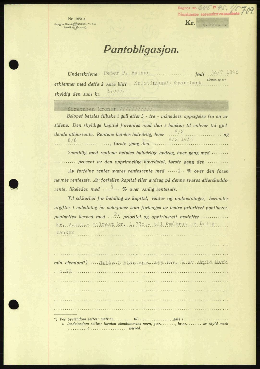 Nordmøre sorenskriveri, AV/SAT-A-4132/1/2/2Ca: Pantebok nr. B92, 1944-1945, Dagboknr: 645/1945