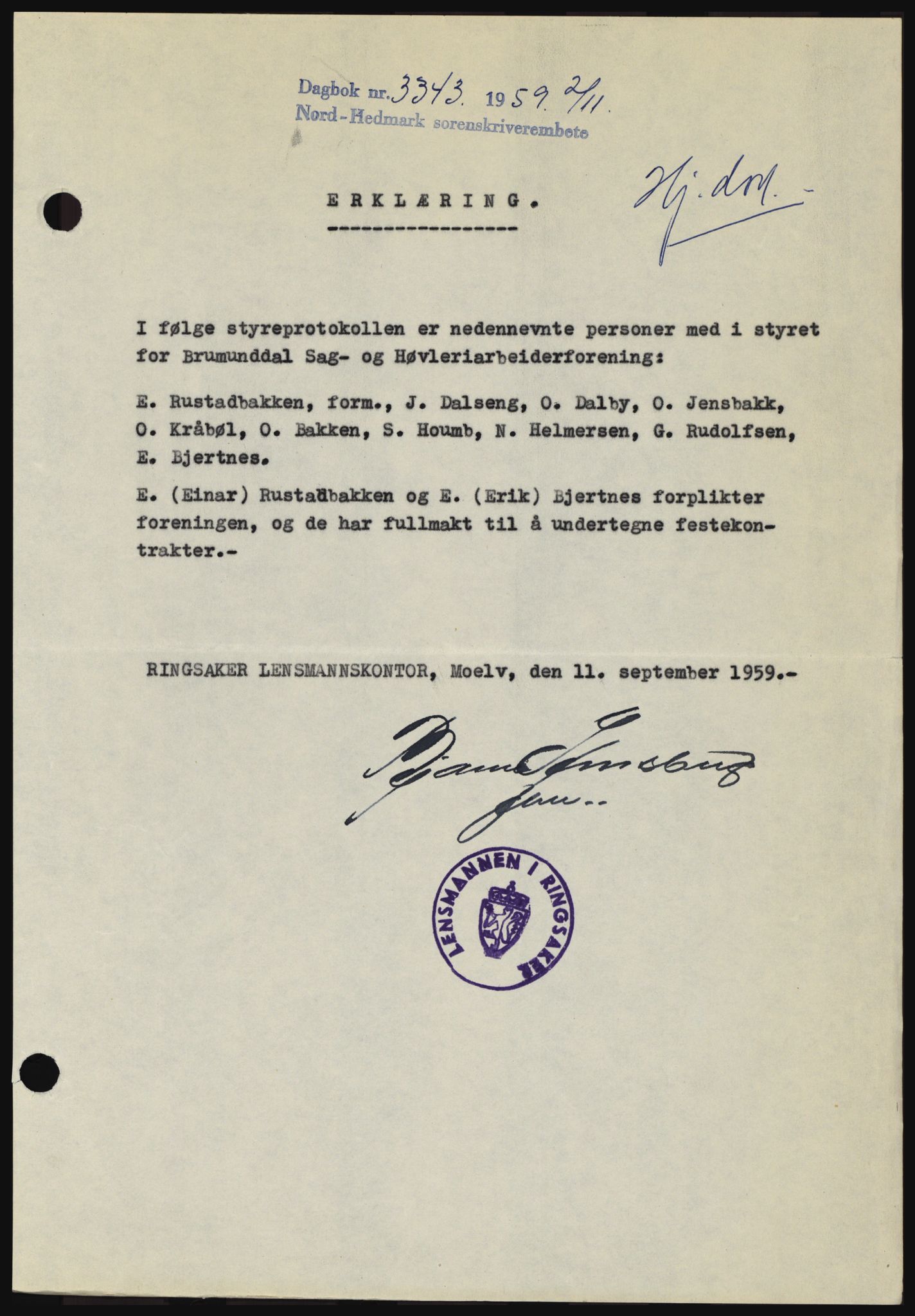 Nord-Hedmark sorenskriveri, SAH/TING-012/H/Hc/L0013: Pantebok nr. 13, 1959-1960, Dagboknr: 3343/1959