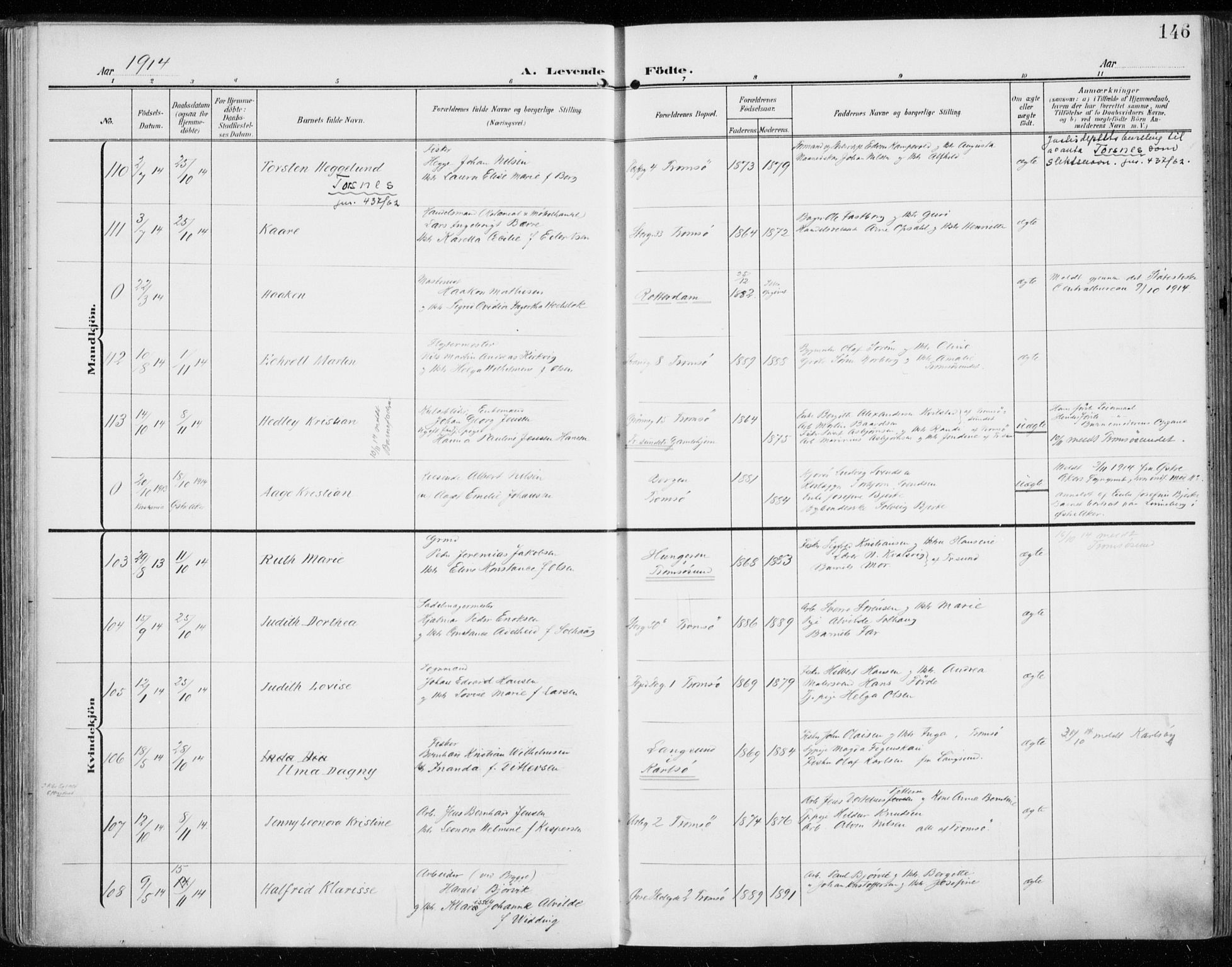 Tromsø sokneprestkontor/stiftsprosti/domprosti, SATØ/S-1343/G/Ga/L0017kirke: Ministerialbok nr. 17, 1907-1917, s. 146