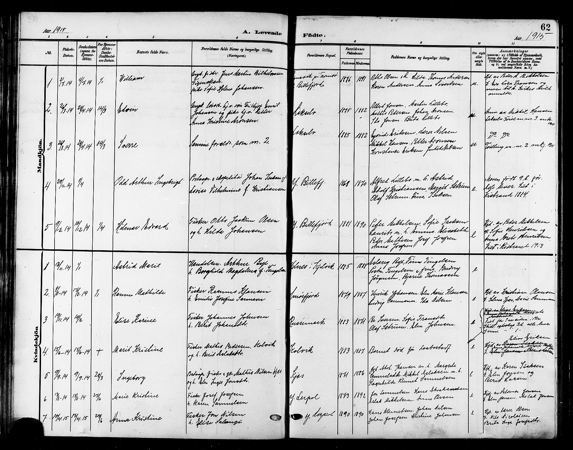 Kistrand/Porsanger sokneprestembete, AV/SATØ-S-1351/H/Hb/L0006.klokk: Klokkerbok nr. 6, 1905-1917, s. 62