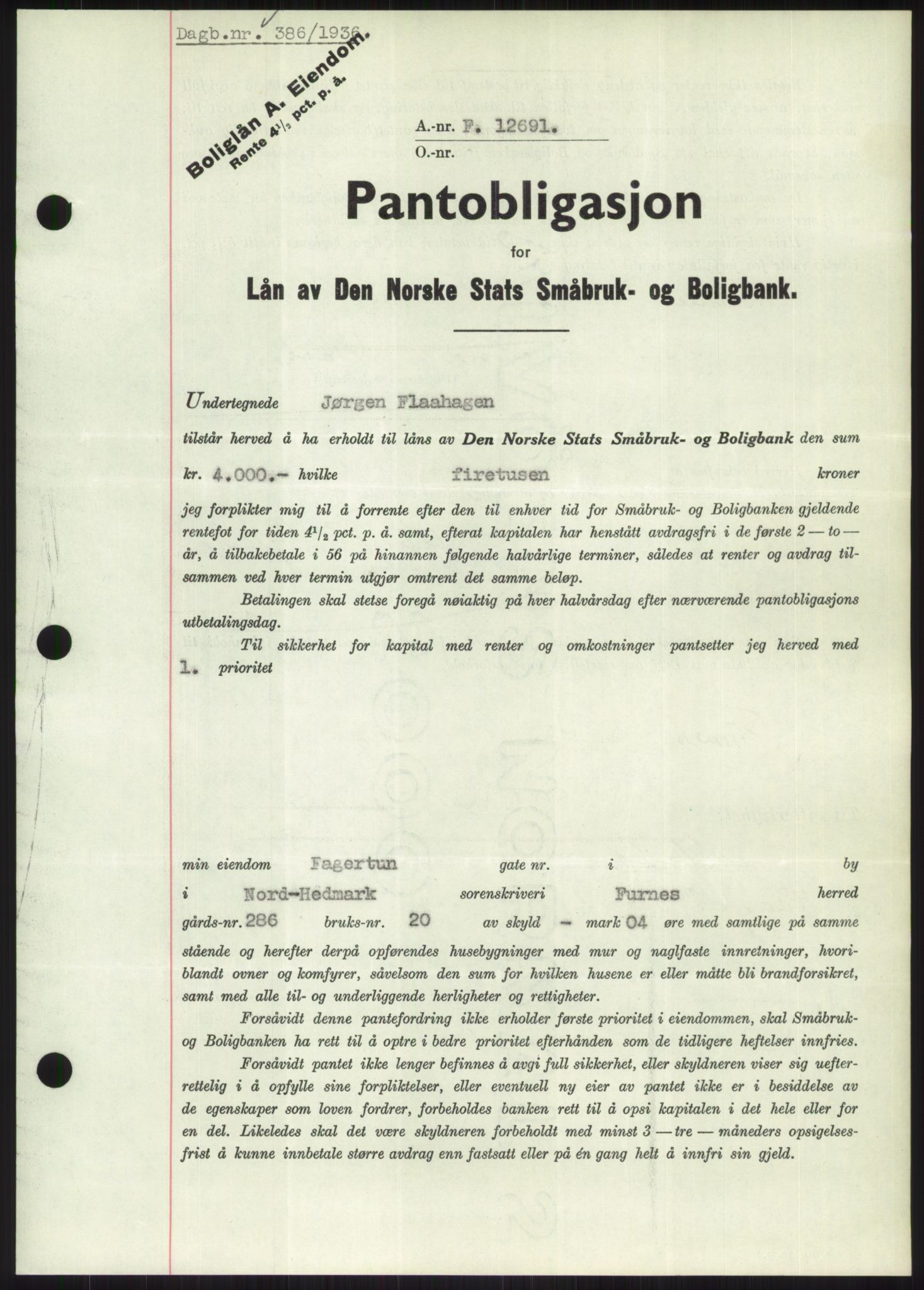 Nord-Hedmark sorenskriveri, SAH/TING-012/H/Hb/Hbf/L0001: Pantebok nr. B1, 1936-1936, Dagboknr: 386/1936