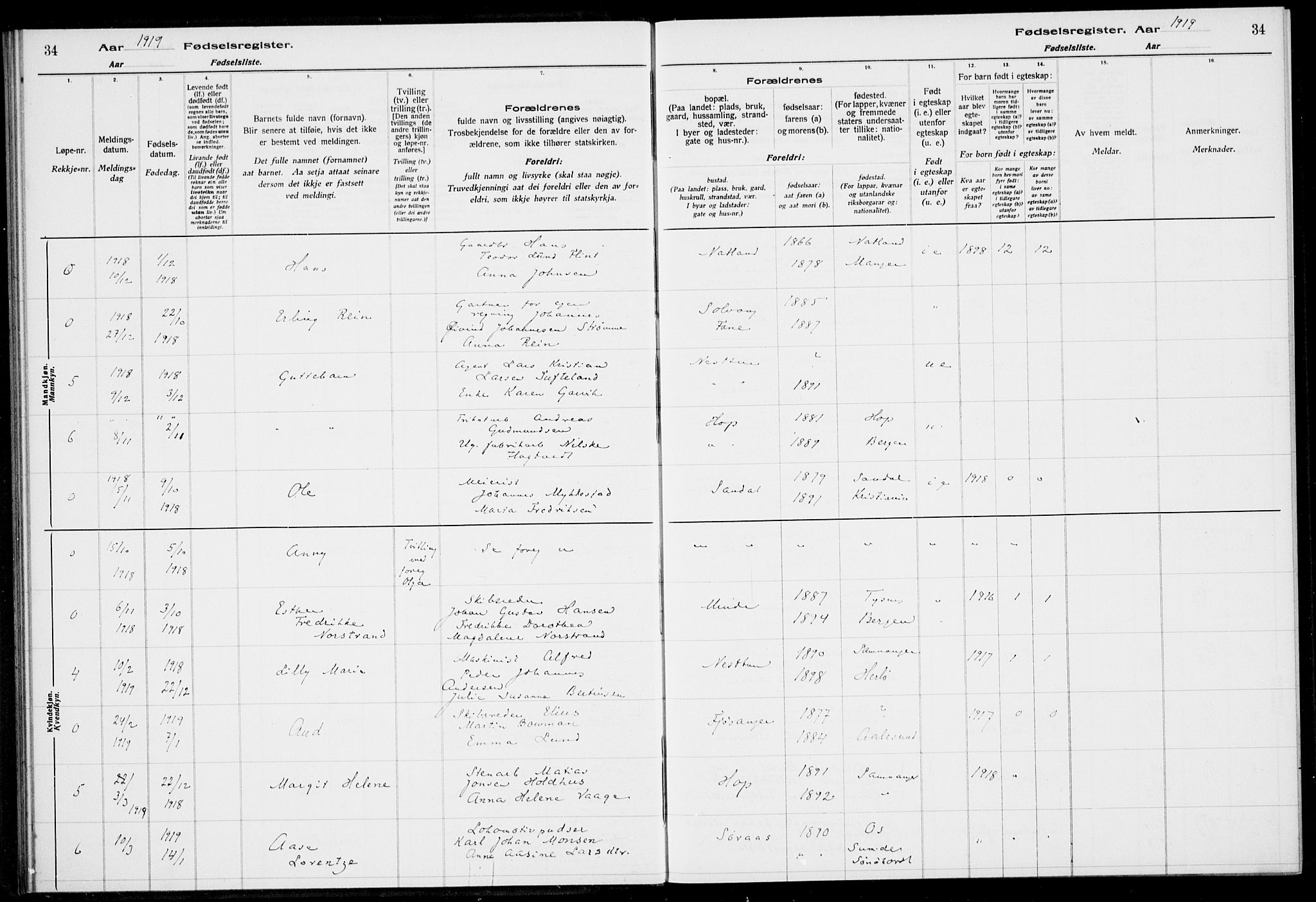 Birkeland Sokneprestembete, AV/SAB-A-74601/I/Id/L00A1: Fødselsregister nr. A 1, 1916-1926, s. 34