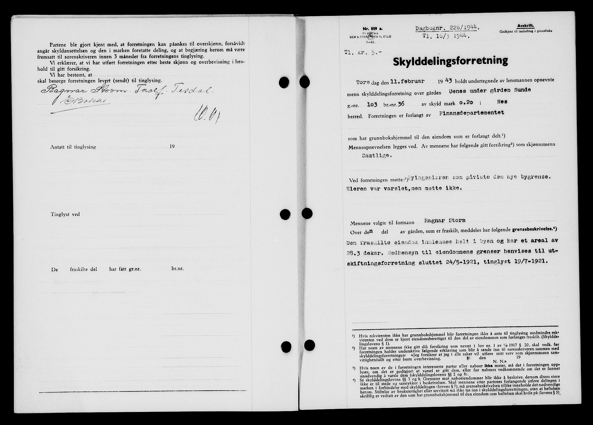 Flekkefjord sorenskriveri, SAK/1221-0001/G/Gb/Gba/L0059: Pantebok nr. A-7, 1944-1945, Dagboknr: 226/1944