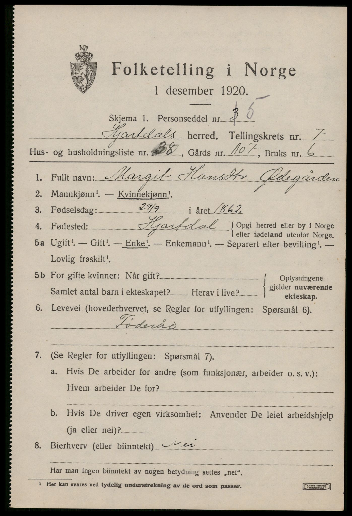 SAKO, Folketelling 1920 for 0827 Hjartdal herred, 1920, s. 5004