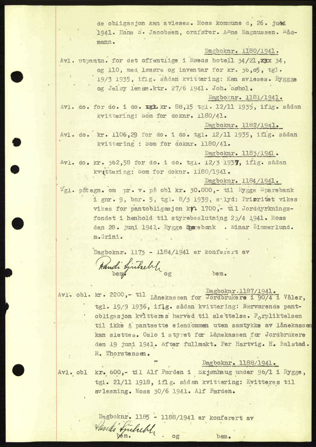 Moss sorenskriveri, SAO/A-10168: Pantebok nr. B10, 1940-1941, Dagboknr: 1180/1941