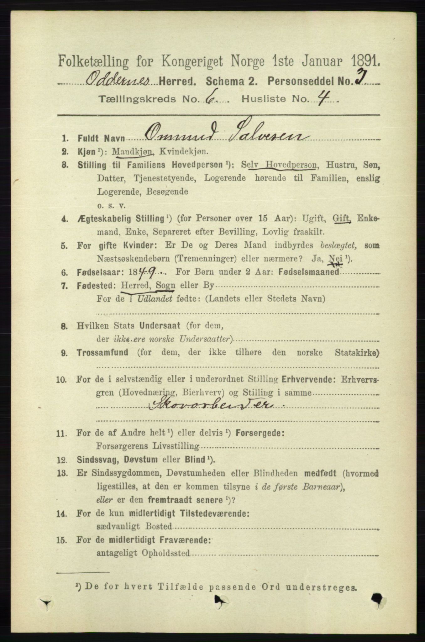 RA, Folketelling 1891 for 1012 Oddernes herred, 1891, s. 2208