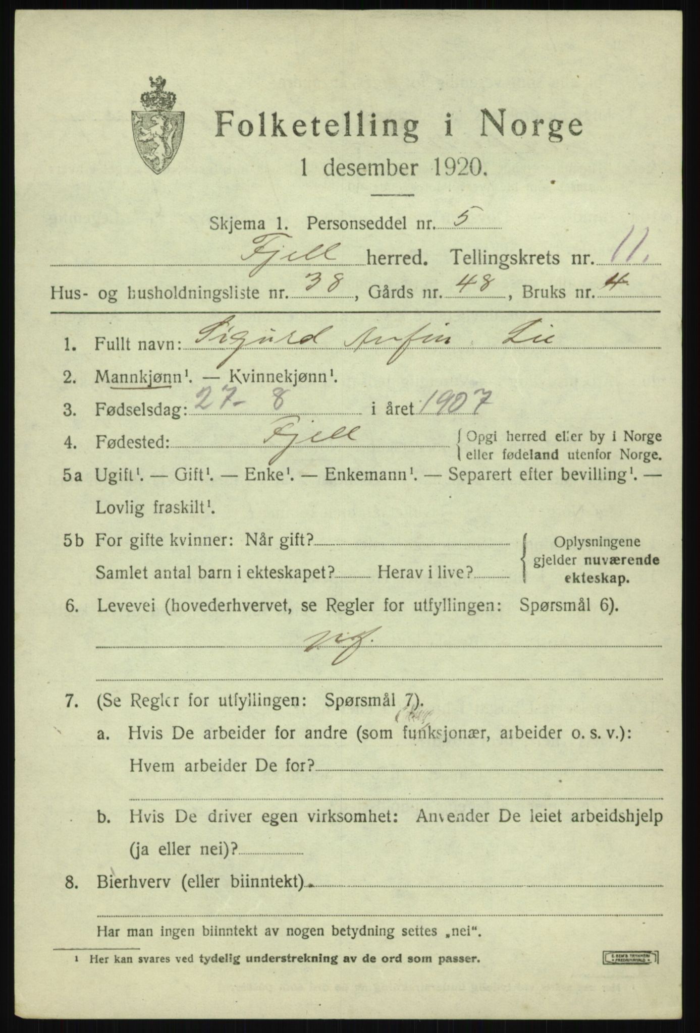 SAB, Folketelling 1920 for 1246 Fjell herred, 1920, s. 10320