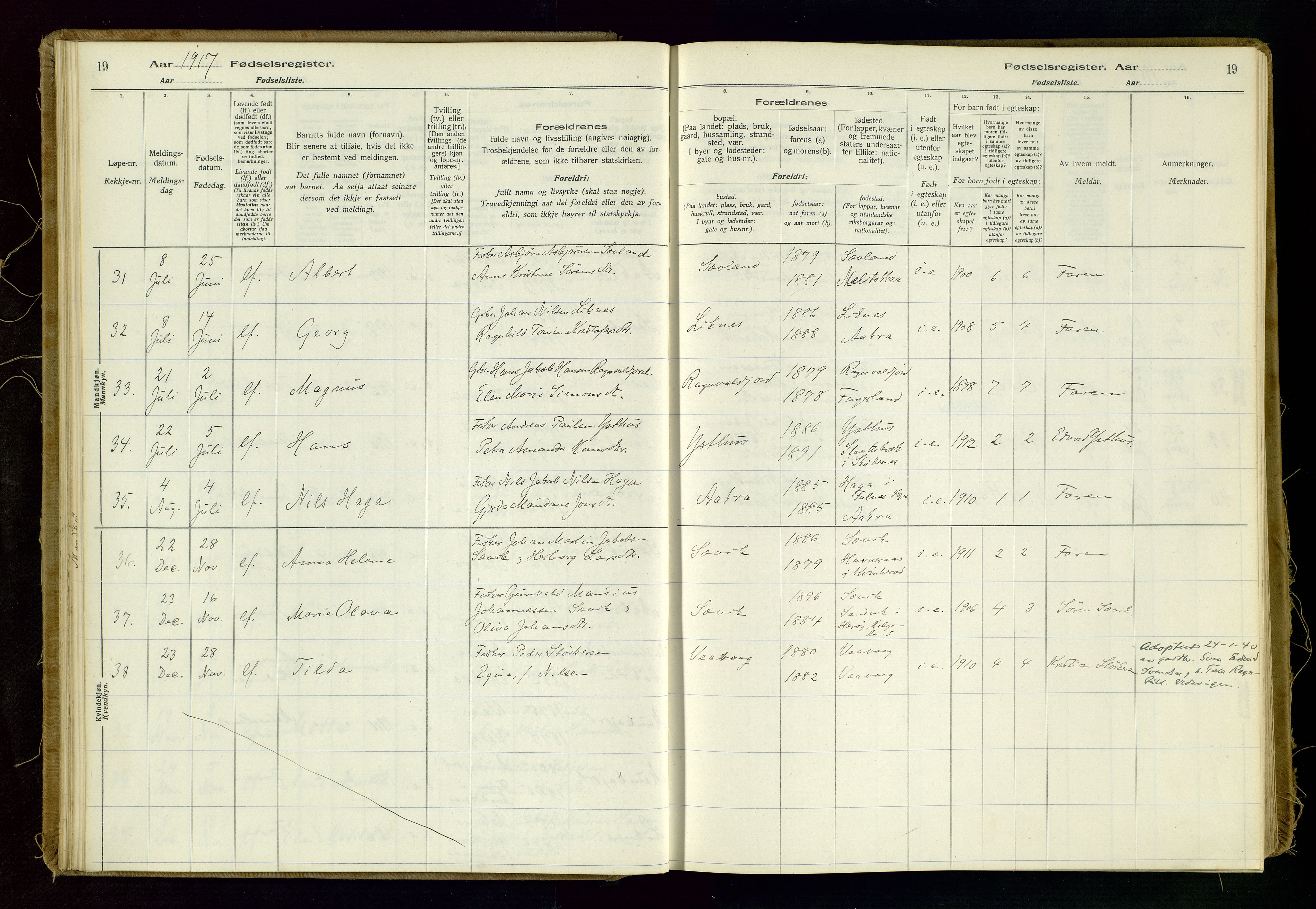 Kopervik sokneprestkontor, AV/SAST-A-101850/I/Id/L0006: Fødselsregister nr. 6, 1916-1934, s. 19