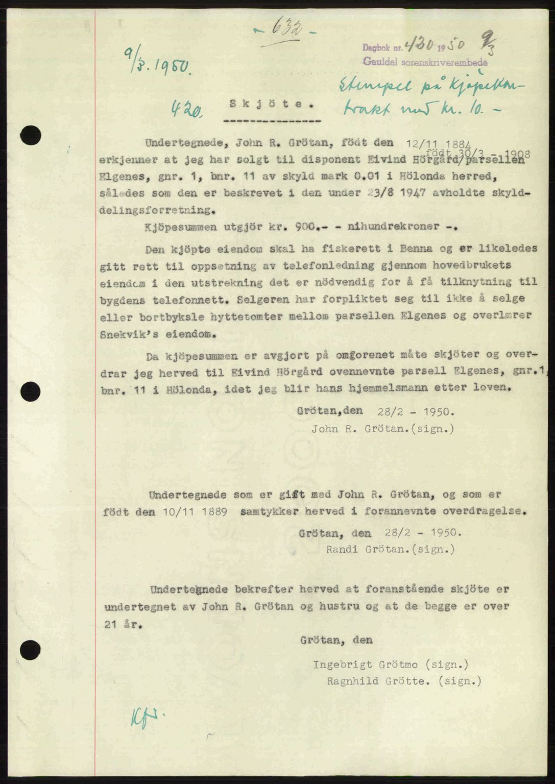 Gauldal sorenskriveri, SAT/A-0014/1/2/2C: Pantebok nr. A9, 1949-1950, Dagboknr: 420/1950
