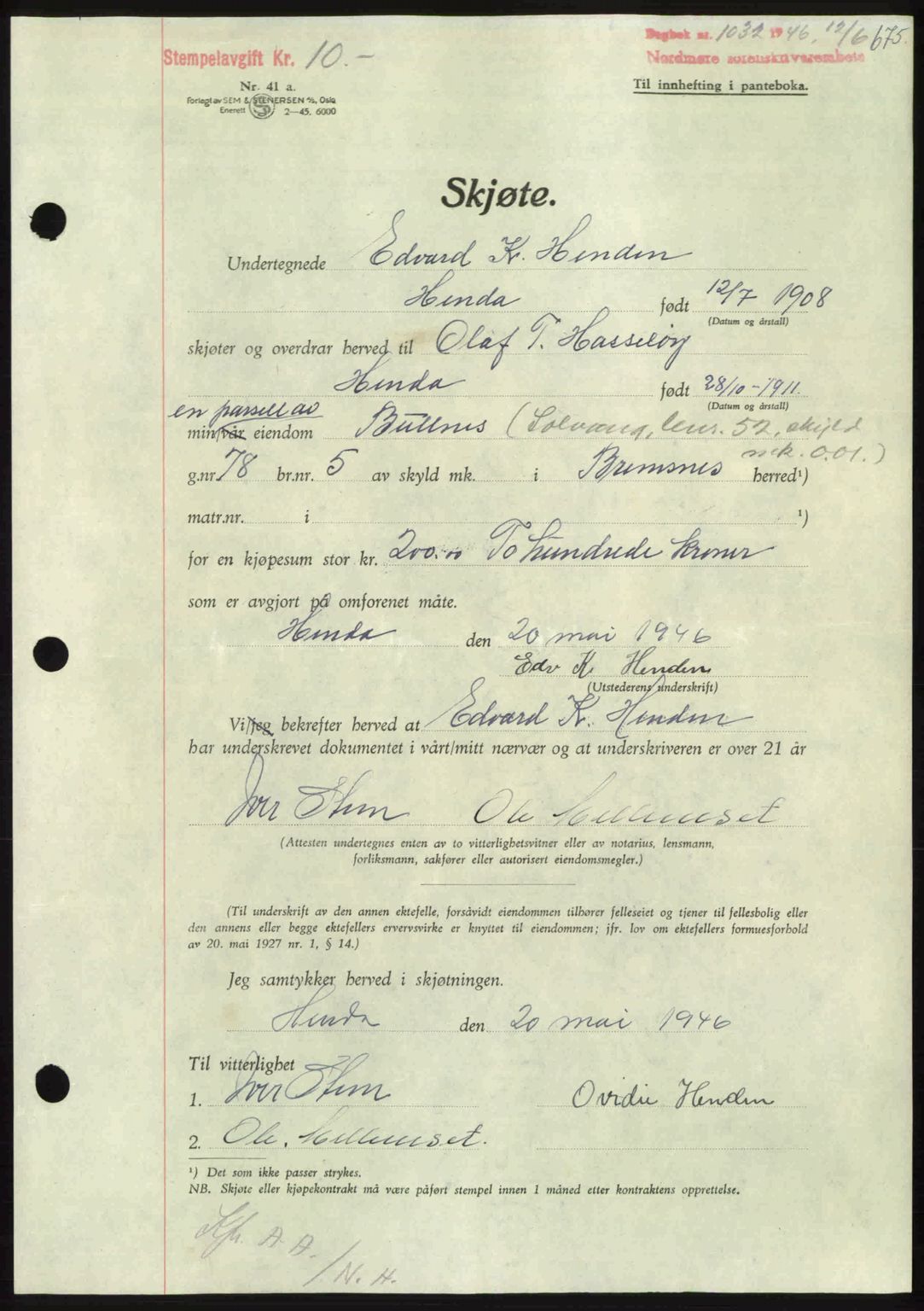 Nordmøre sorenskriveri, AV/SAT-A-4132/1/2/2Ca: Pantebok nr. A101, 1946-1946, Dagboknr: 1032/1946