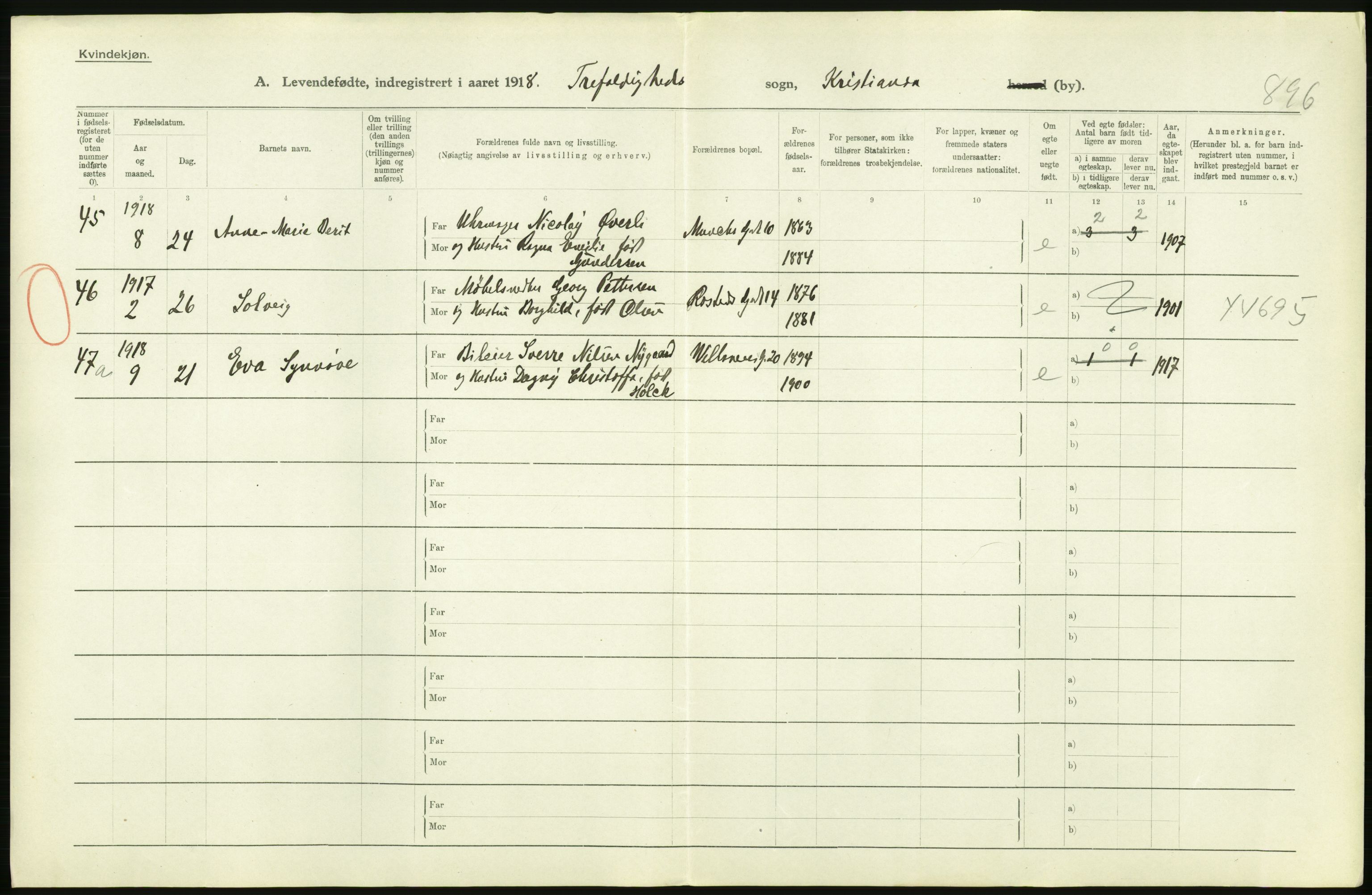 Statistisk sentralbyrå, Sosiodemografiske emner, Befolkning, AV/RA-S-2228/D/Df/Dfb/Dfbh/L0008: Kristiania: Levendefødte menn og kvinner., 1918, s. 296