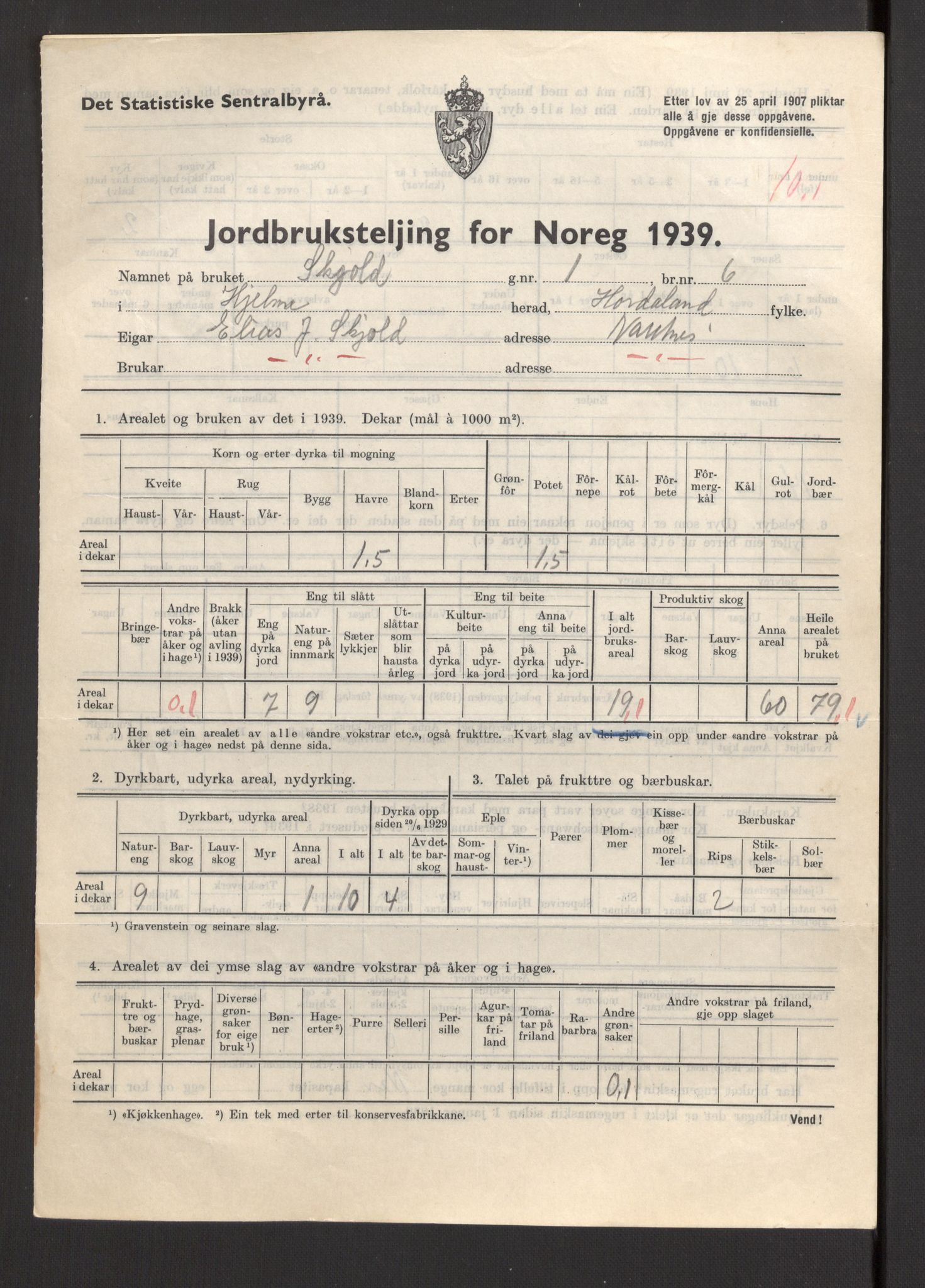 Statistisk sentralbyrå, Næringsøkonomiske emner, Jordbruk, skogbruk, jakt, fiske og fangst, AV/RA-S-2234/G/Gb/L0211: Hordaland: Herdla, Hjelme og Manger, 1939, s. 1337