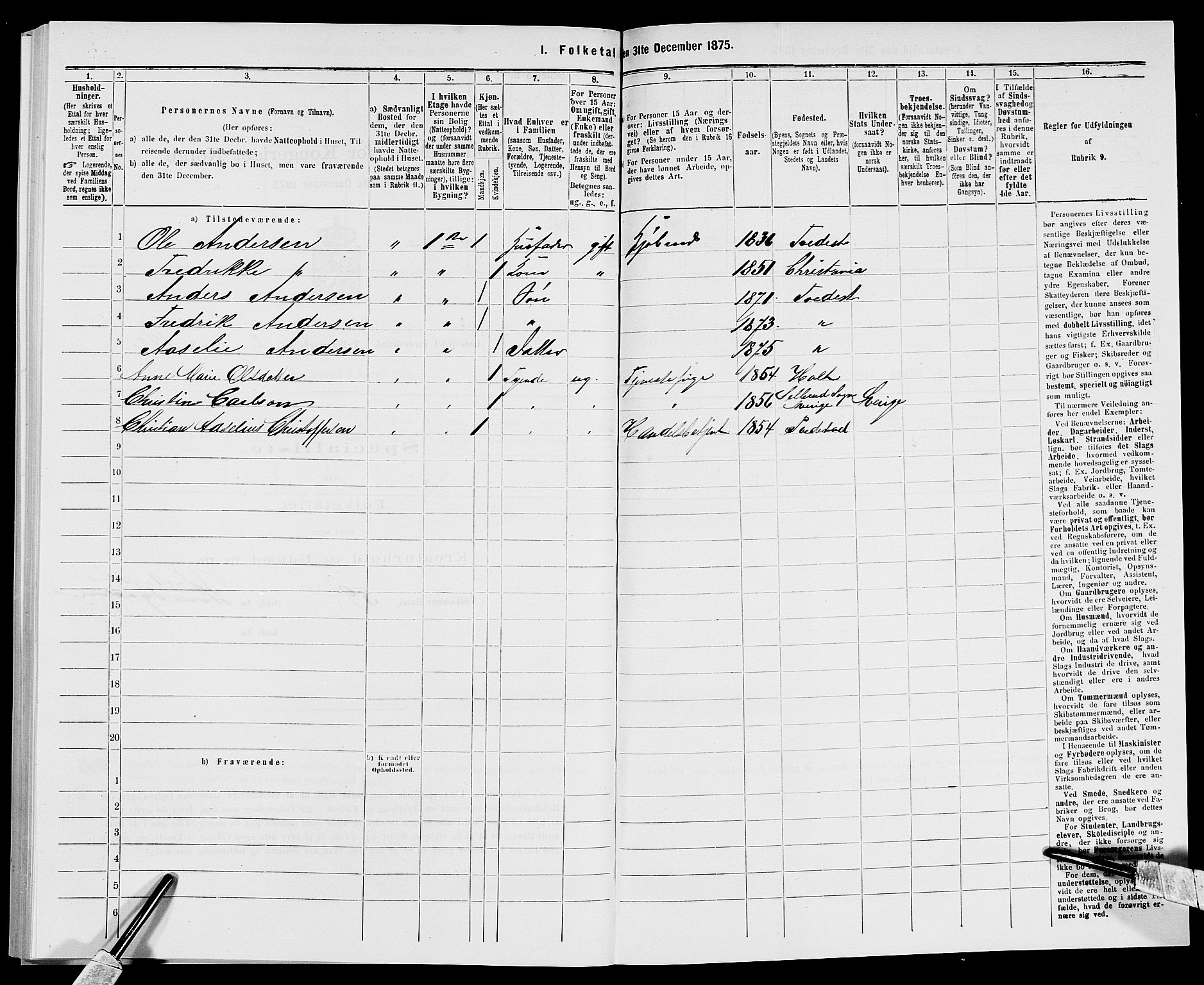 SAK, Folketelling 1875 for 0902B Holt prestegjeld, Tvedestrand ladested, 1875, s. 300