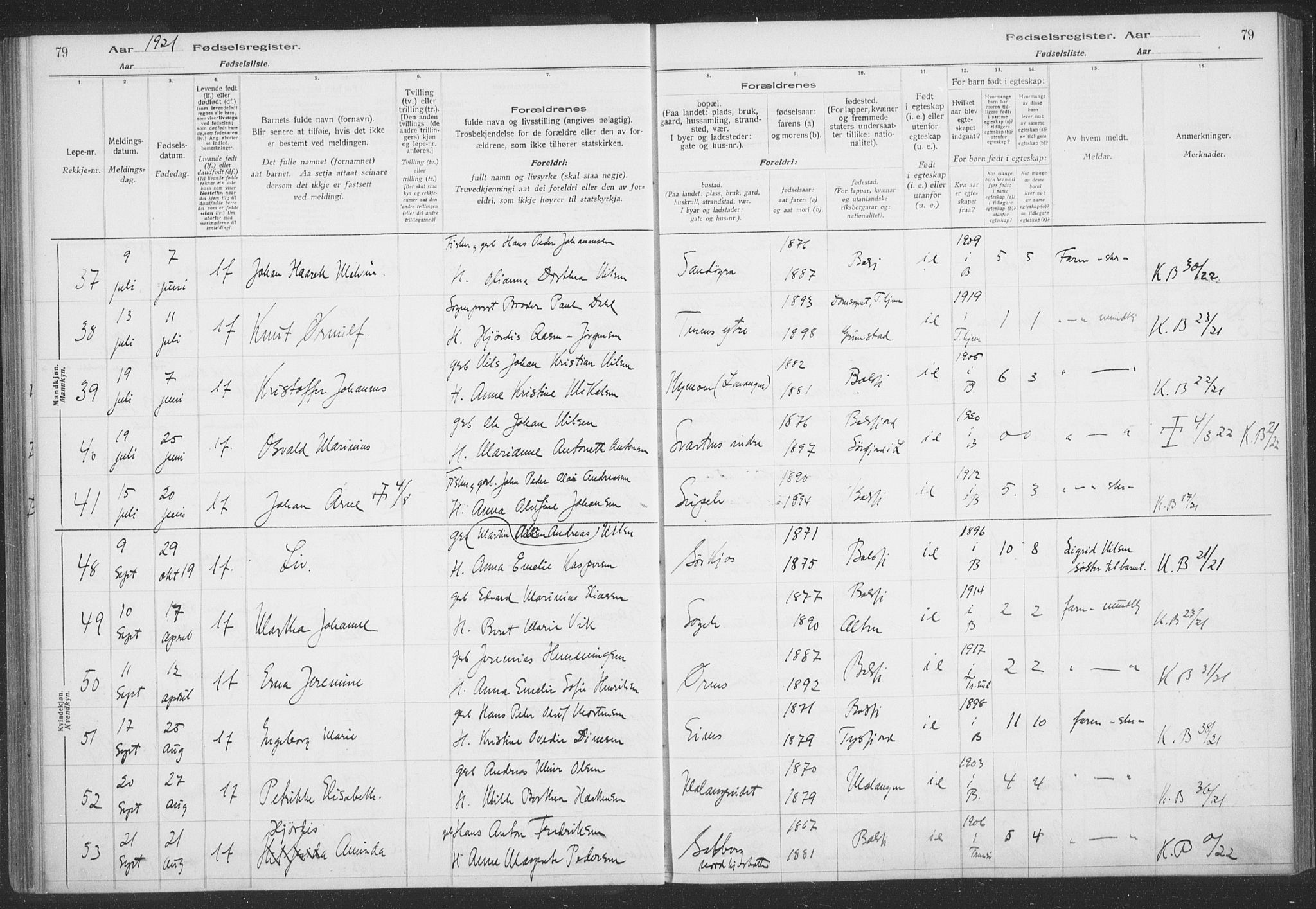 Balsfjord sokneprestembete, AV/SATØ-S-1303/H/Hb/L0059: Fødselsregister nr. 59, 1916-1930, s. 79