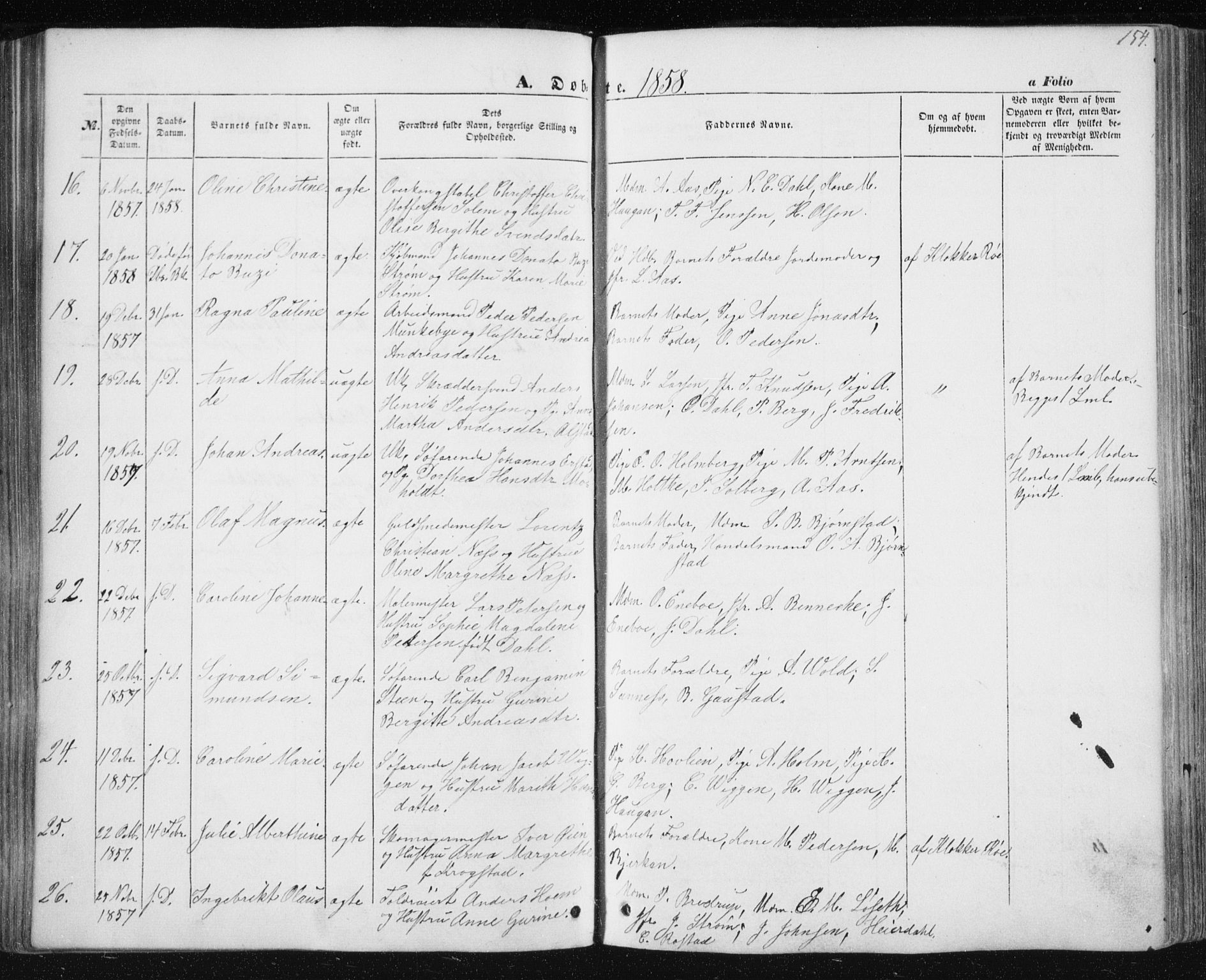 Ministerialprotokoller, klokkerbøker og fødselsregistre - Sør-Trøndelag, SAT/A-1456/602/L0112: Ministerialbok nr. 602A10, 1848-1859, s. 154