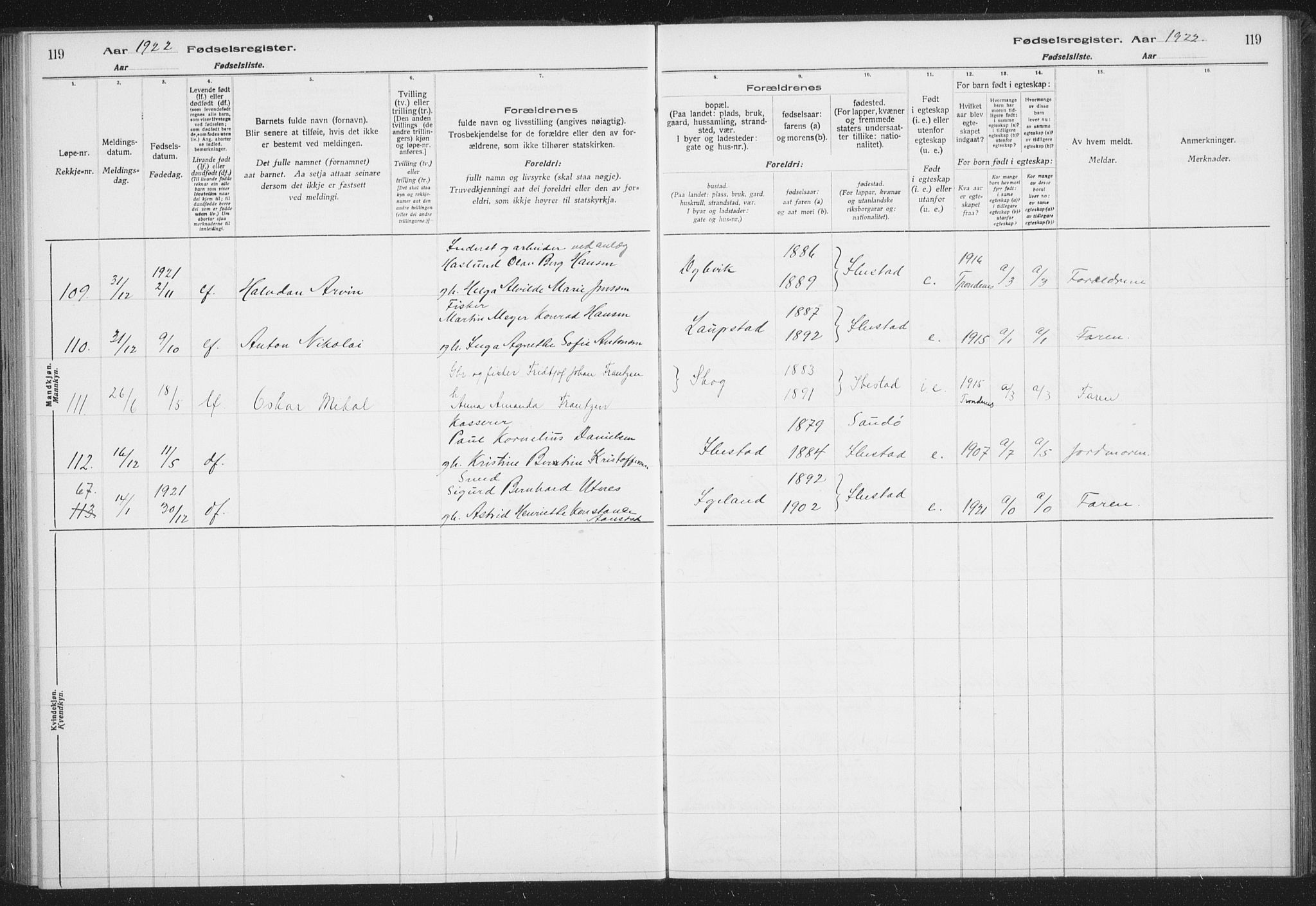 Ibestad sokneprestembete, AV/SATØ-S-0077/I/Ic/L0061: Fødselsregister nr. 61, 1917-1929, s. 119