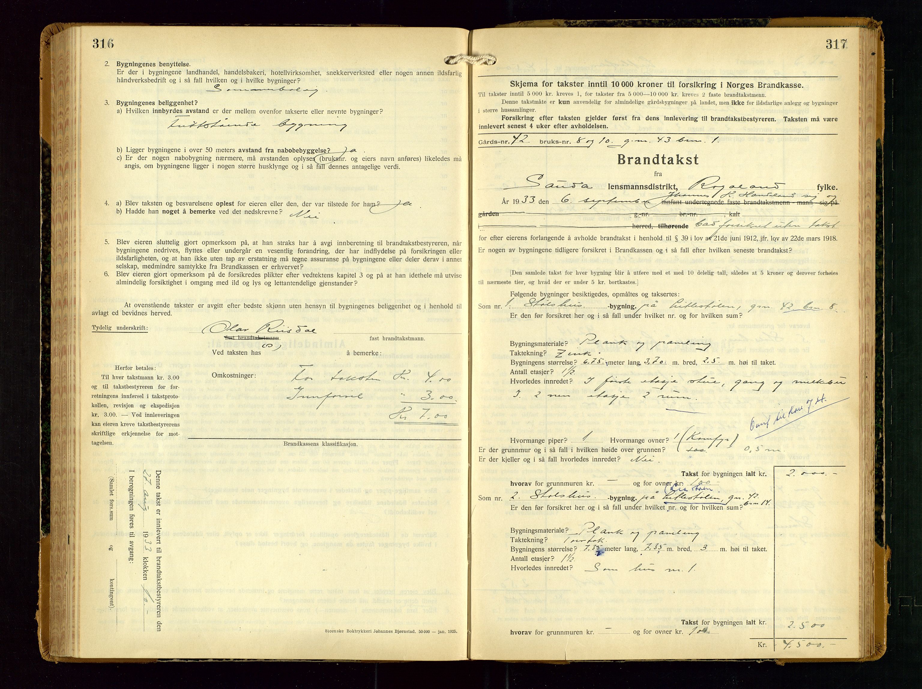 Sauda lensmannskontor, AV/SAST-A-100177/Gob/L0003: Branntakstprotokoll - skjematakst, 1928-1936, s. 316-317