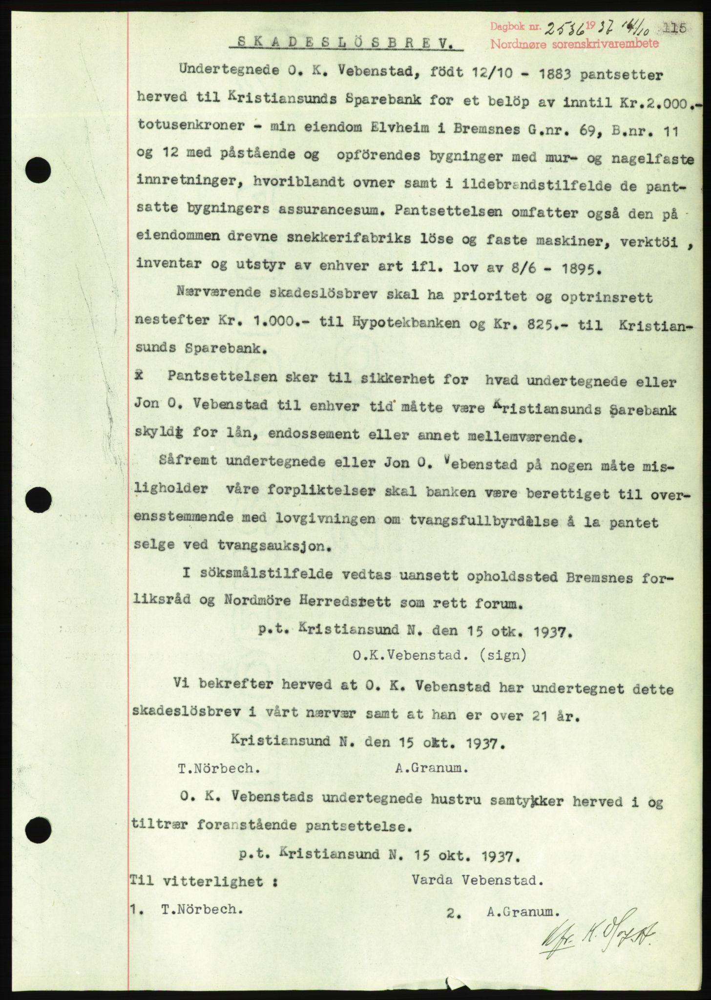 Nordmøre sorenskriveri, AV/SAT-A-4132/1/2/2Ca/L0092: Pantebok nr. B82, 1937-1938, Dagboknr: 2536/1937