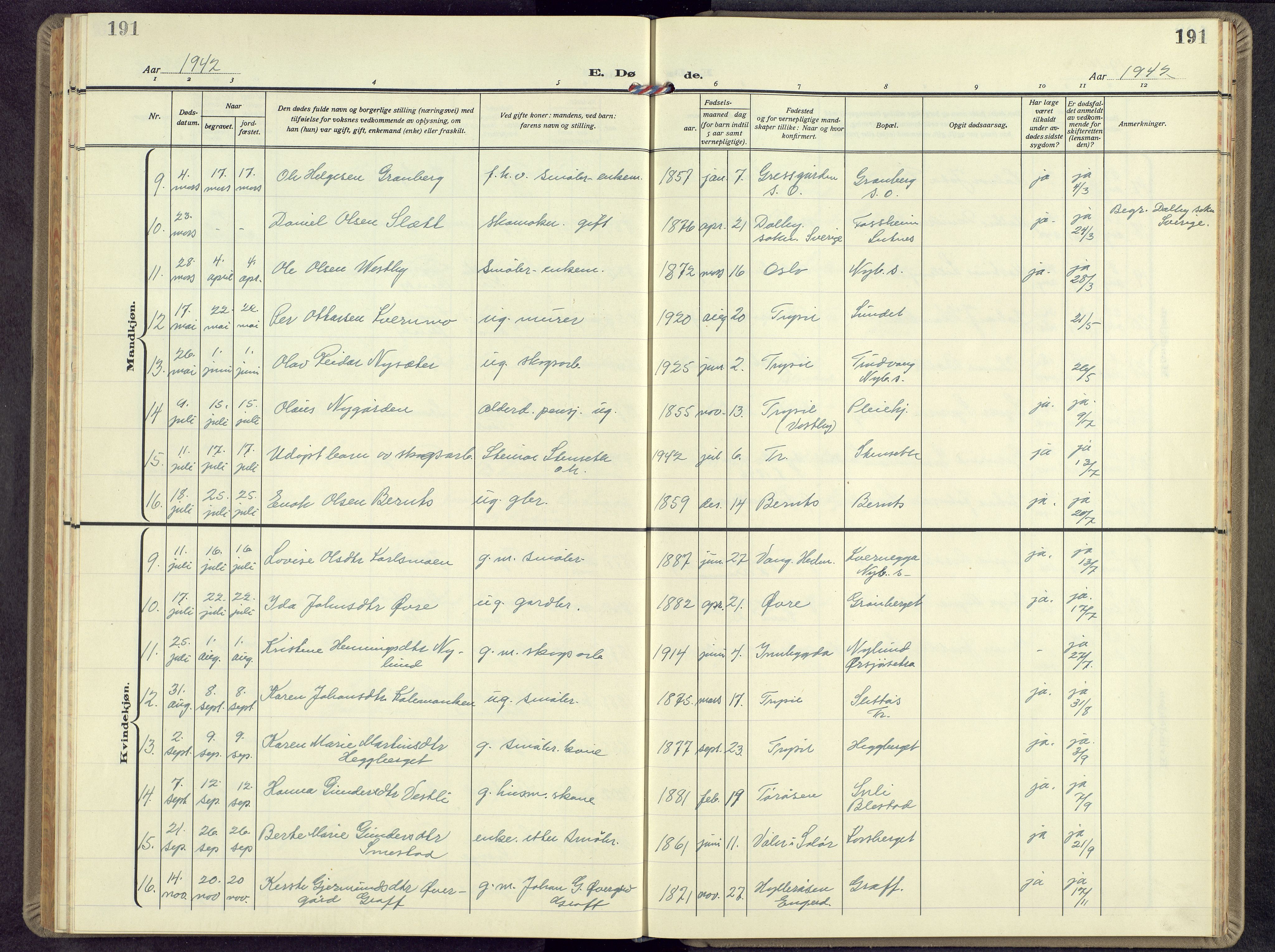 Trysil prestekontor, SAH/PREST-046/H/Ha/Hab/L0012: Klokkerbok nr. 12, 1938-1959, s. 191