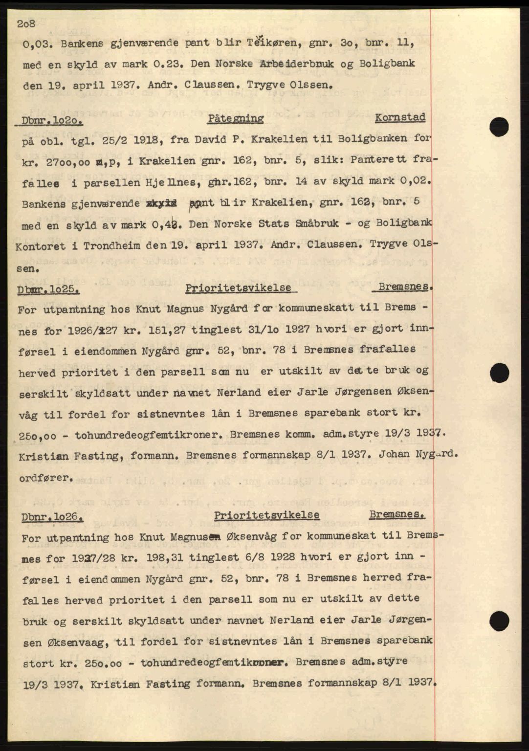 Nordmøre sorenskriveri, SAT/A-4132/1/2/2Ca: Pantebok nr. C80, 1936-1939, Dagboknr: 1020/1937