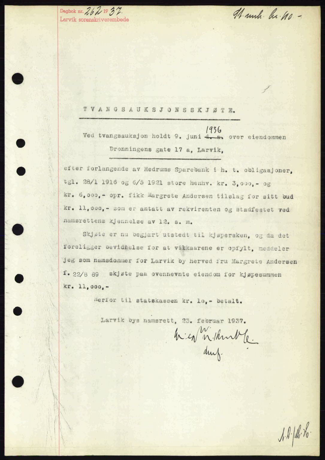 Larvik sorenskriveri, SAKO/A-83/G/Ga/Gab/L0067: Pantebok nr. A-1, 1936-1937, Dagboknr: 262/1937