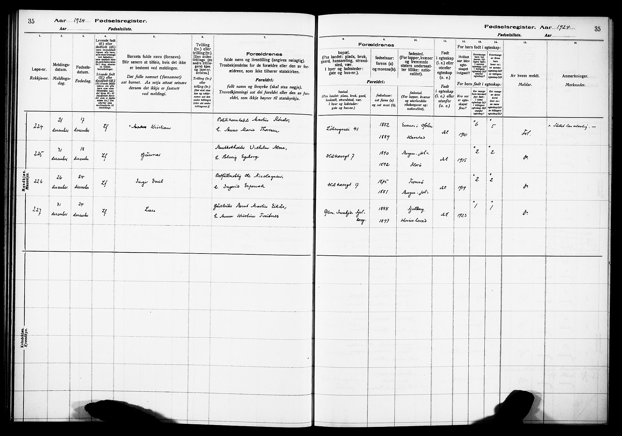 Kvinneklinikken, SAB/A-76301/F/L0A03: Fødselsregister nr. A 3, 1924-1927, s. 35