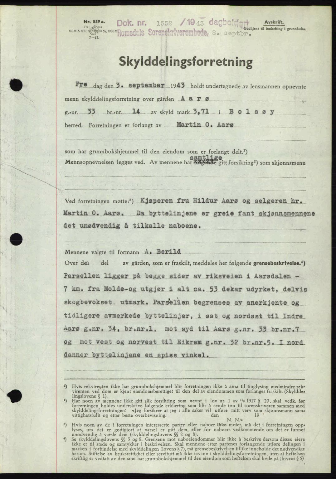 Romsdal sorenskriveri, AV/SAT-A-4149/1/2/2C: Pantebok nr. A14, 1943-1943, Dagboknr: 1552/1943