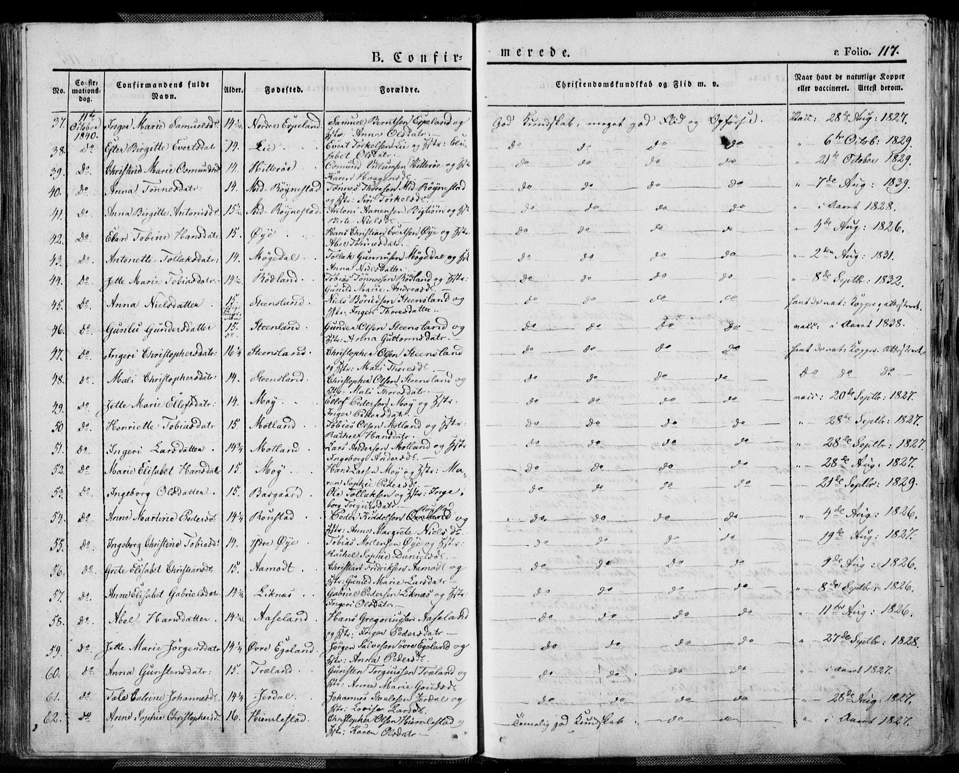 Kvinesdal sokneprestkontor, AV/SAK-1111-0026/F/Fa/Fab/L0004: Ministerialbok nr. A 4, 1829-1843, s. 117