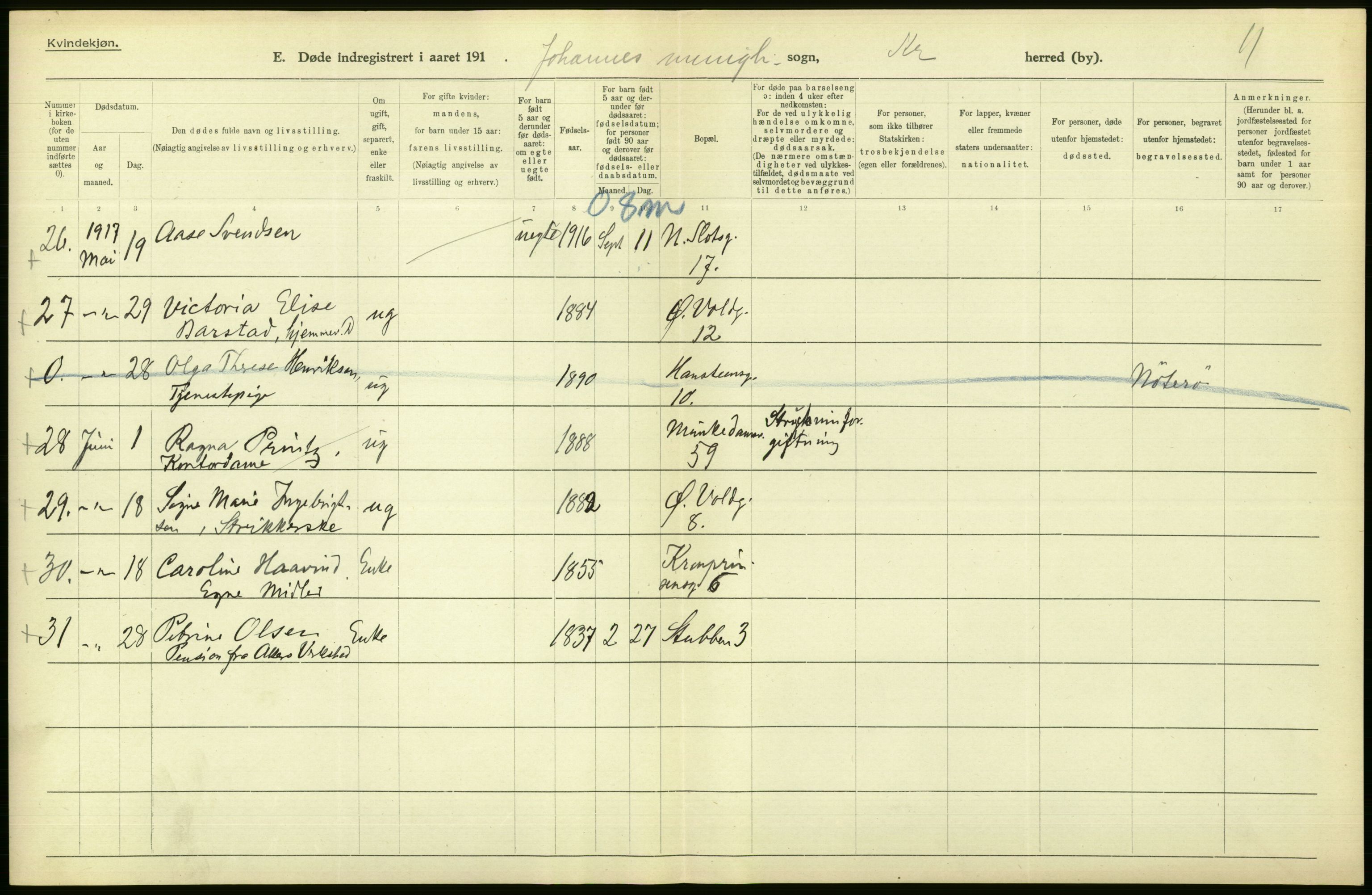 Statistisk sentralbyrå, Sosiodemografiske emner, Befolkning, AV/RA-S-2228/D/Df/Dfb/Dfbg/L0010: Kristiania: Døde, 1917, s. 328