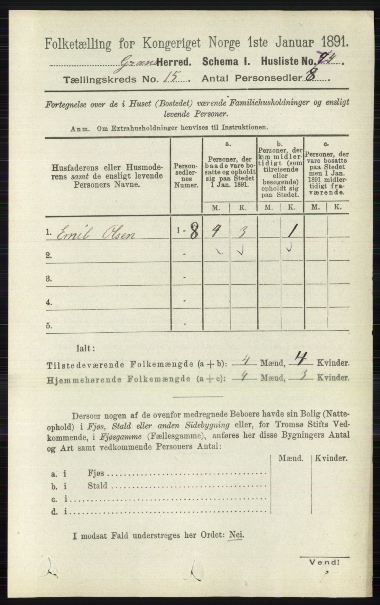 RA, Folketelling 1891 for 0534 Gran herred, 1891, s. 7614